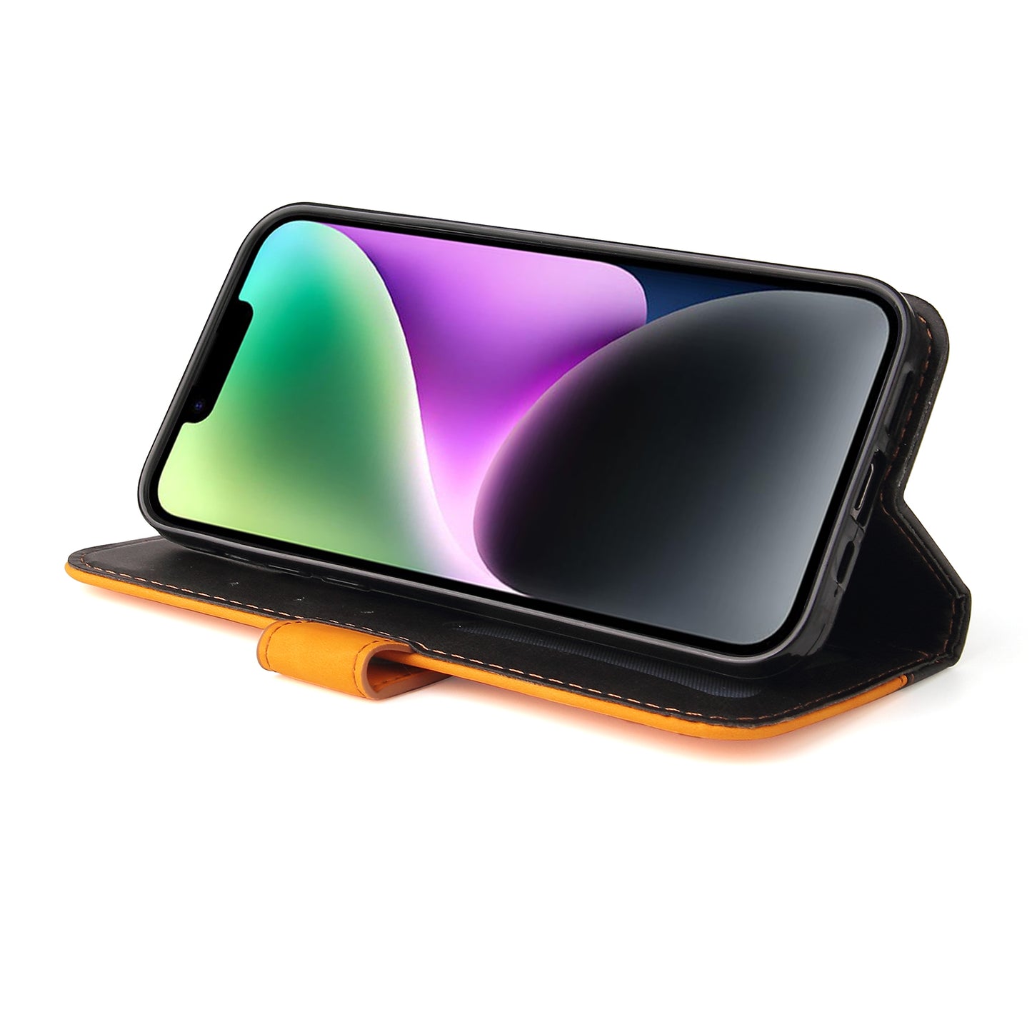 Phone Wallet Cover for iPhone 15 Business Style PU Leather Dual-color Splicing Flip Stand Anti-drop Case - Orange