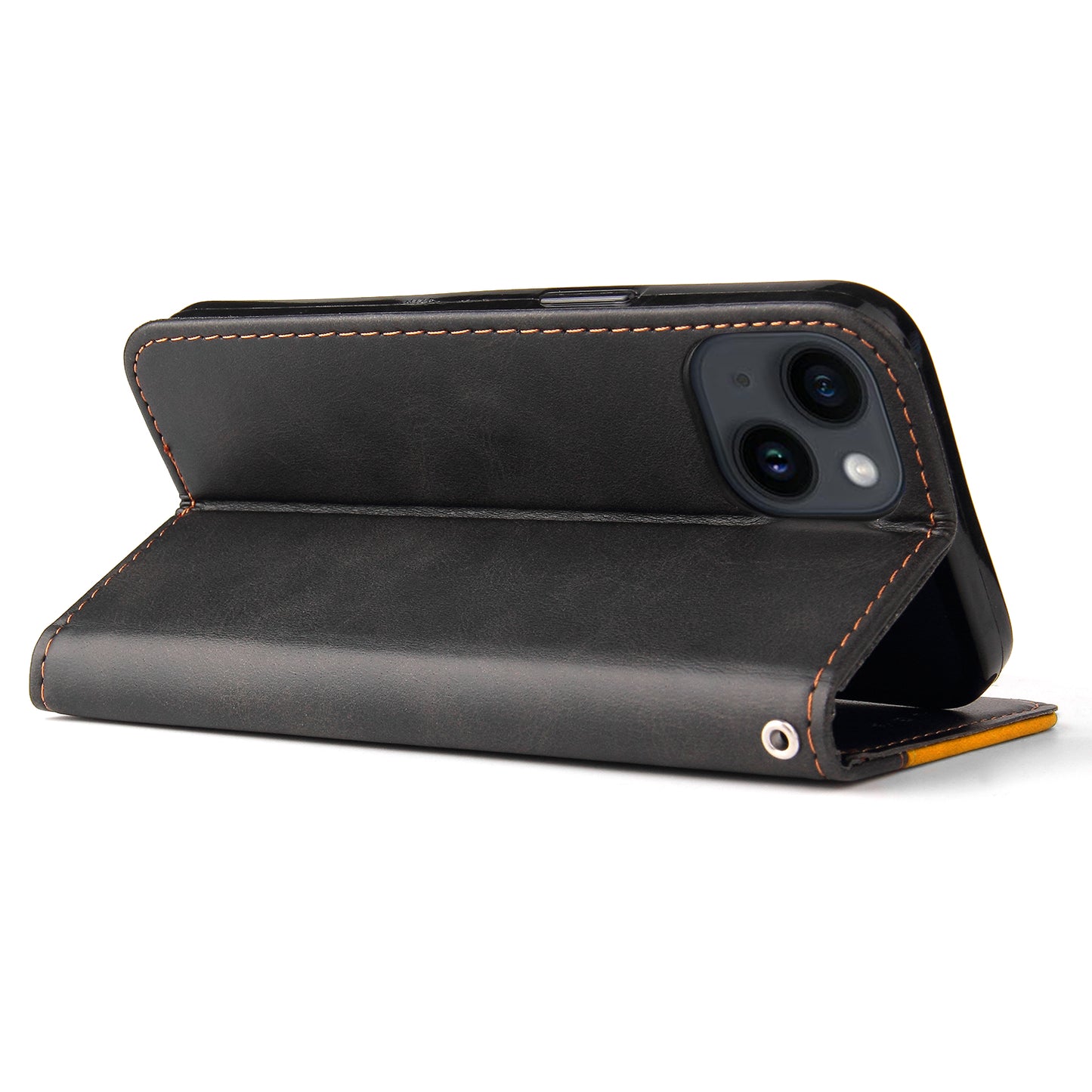 Phone Wallet Cover for iPhone 15 Business Style PU Leather Dual-color Splicing Flip Stand Anti-drop Case - Orange