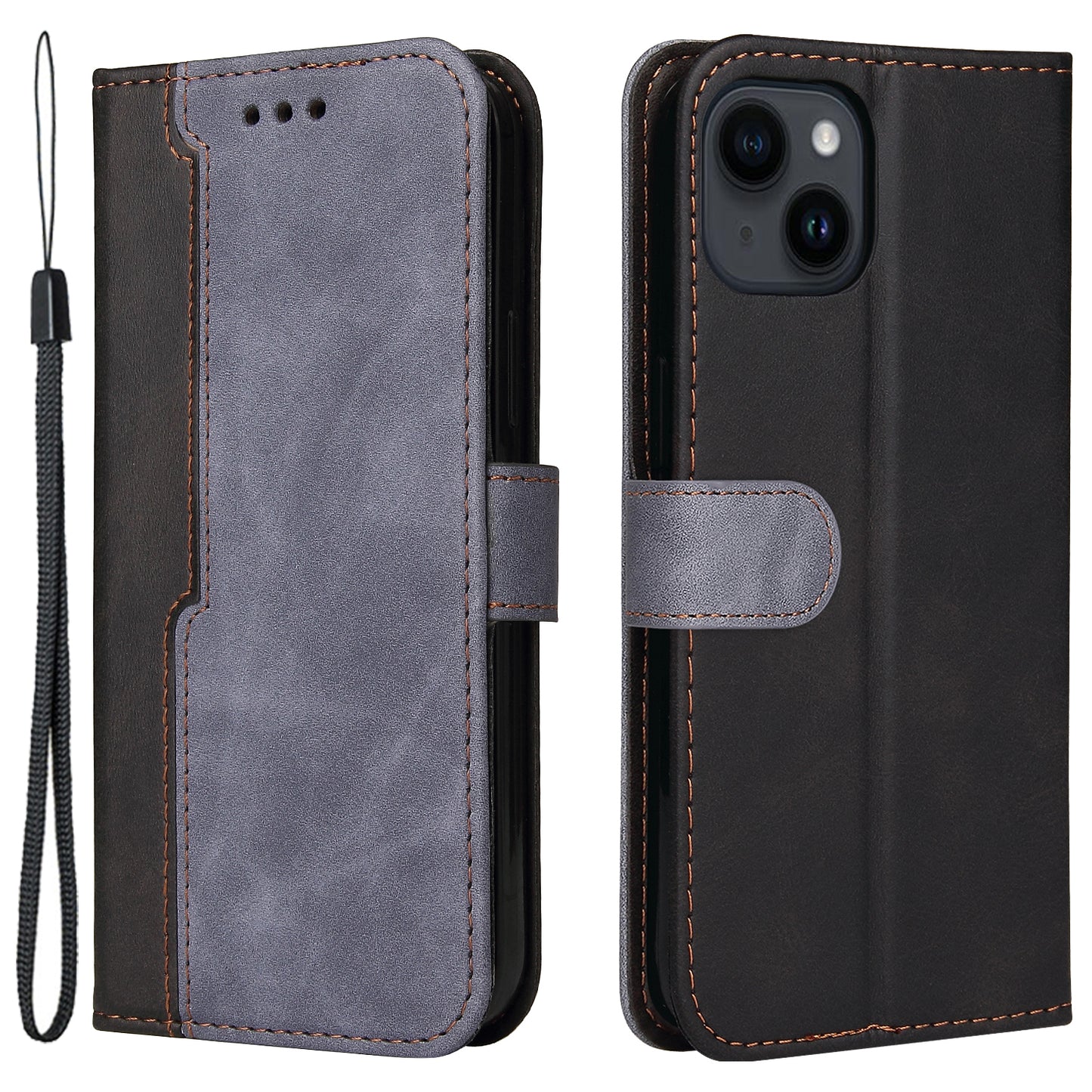 Phone Wallet Cover for iPhone 15 Business Style PU Leather Dual-color Splicing Flip Stand Anti-drop Case - Grey