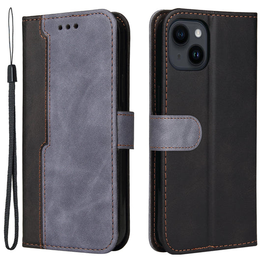 Phone Wallet Cover for iPhone 15 Business Style PU Leather Dual-color Splicing Flip Stand Anti-drop Case - Grey