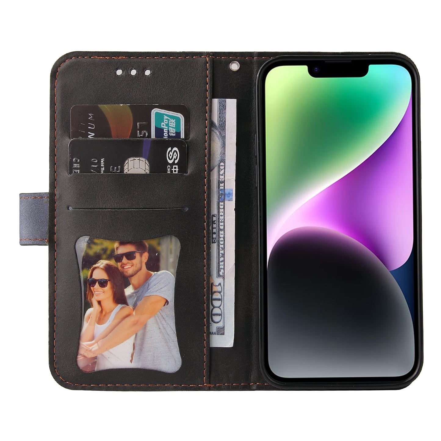 Phone Wallet Cover for iPhone 15 Business Style PU Leather Dual-color Splicing Flip Stand Anti-drop Case - Grey