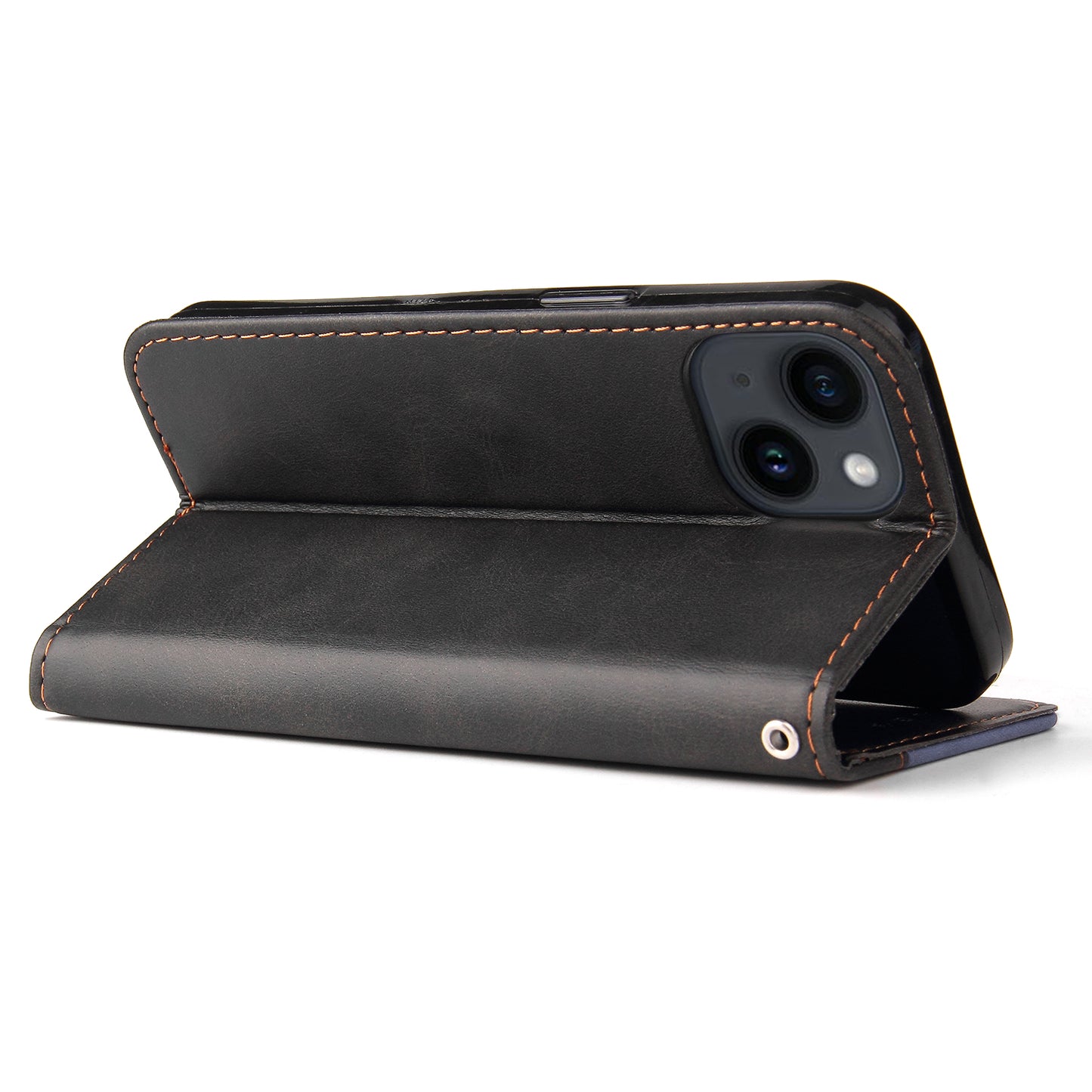 Phone Wallet Cover for iPhone 15 Business Style PU Leather Dual-color Splicing Flip Stand Anti-drop Case - Grey