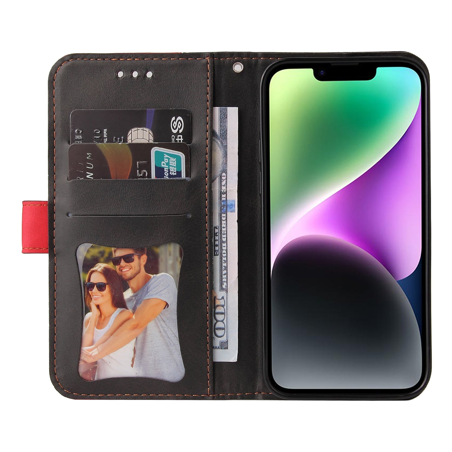 Phone Wallet Cover for iPhone 15 Business Style PU Leather Dual-color Splicing Flip Stand Anti-drop Case - Red