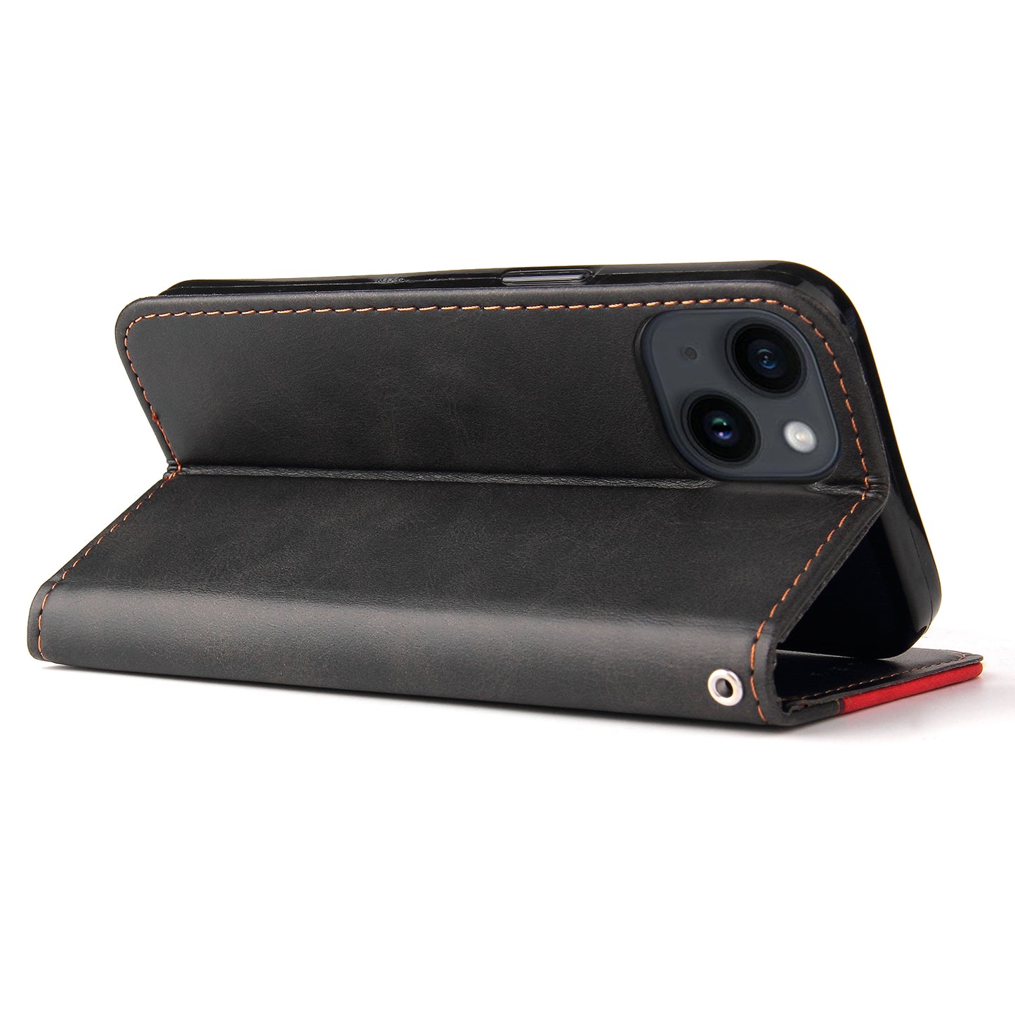 Phone Wallet Cover for iPhone 15 Business Style PU Leather Dual-color Splicing Flip Stand Anti-drop Case - Red