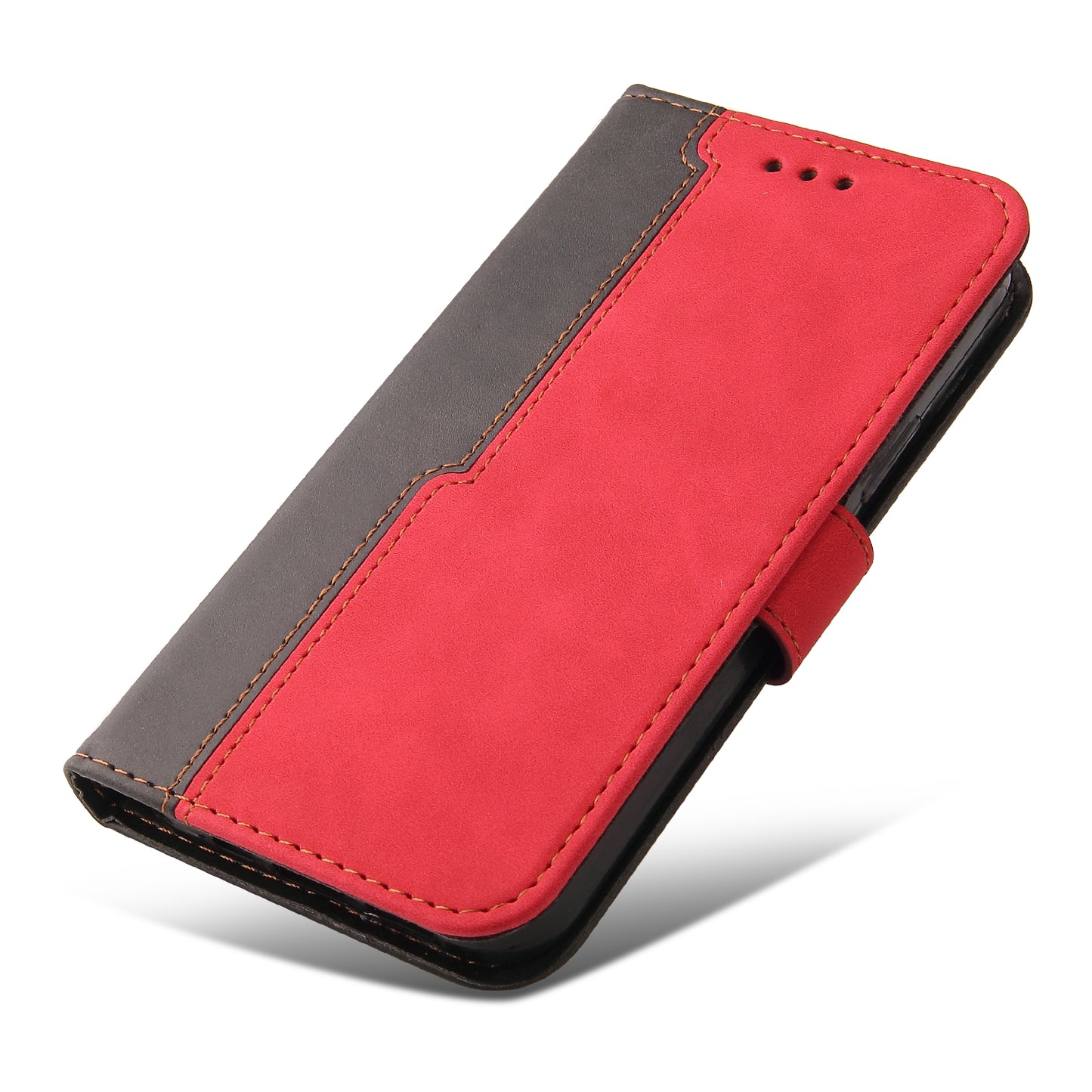 Phone Wallet Cover for iPhone 15 Business Style PU Leather Dual-color Splicing Flip Stand Anti-drop Case - Red