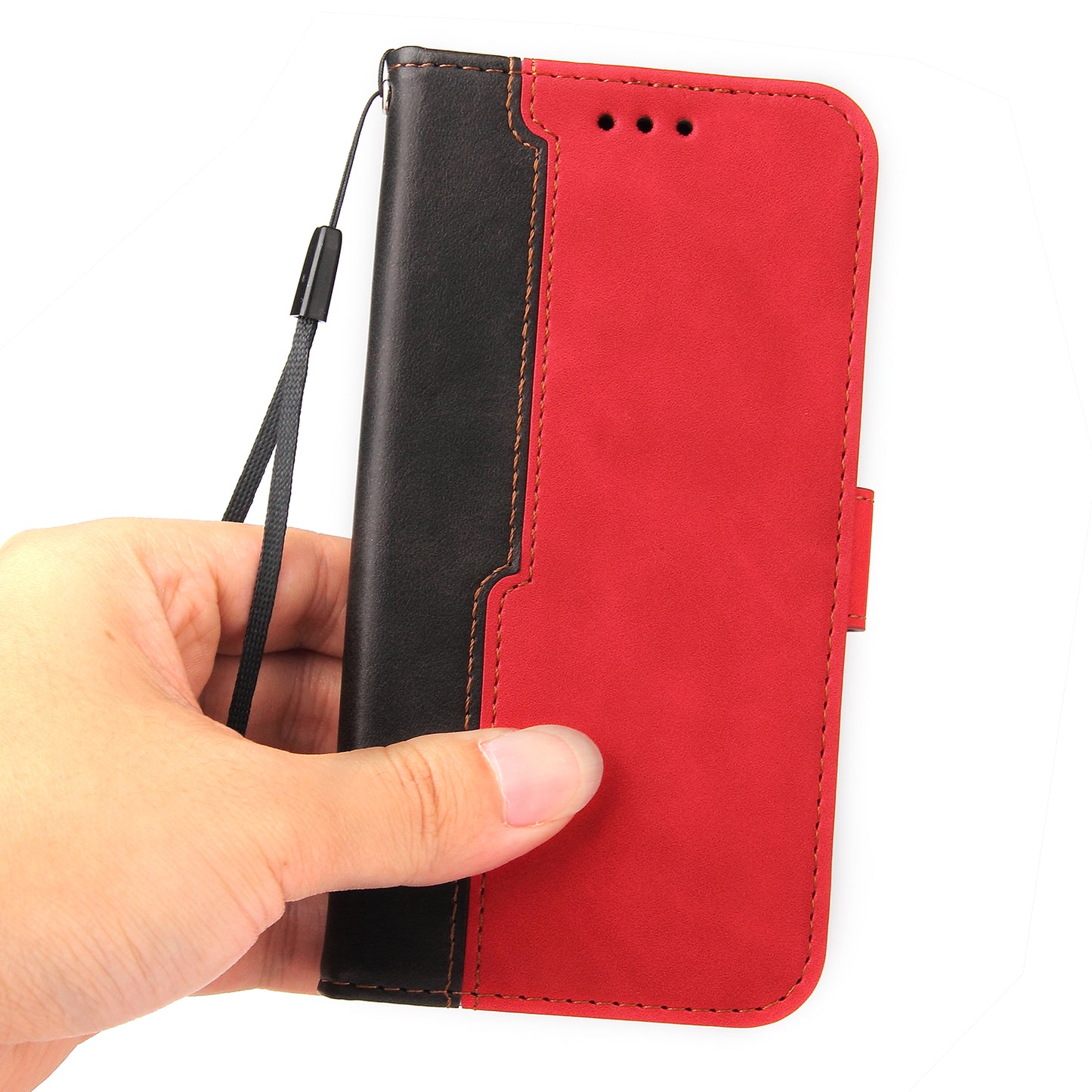Phone Wallet Cover for iPhone 15 Business Style PU Leather Dual-color Splicing Flip Stand Anti-drop Case - Red