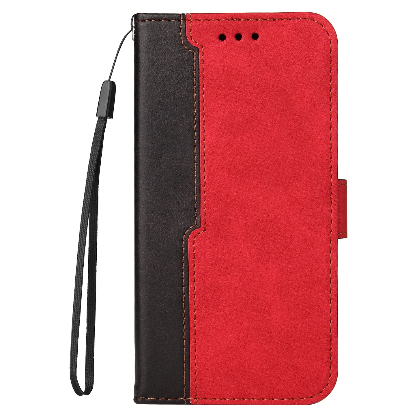 Phone Wallet Cover for iPhone 15 Business Style PU Leather Dual-color Splicing Flip Stand Anti-drop Case - Red