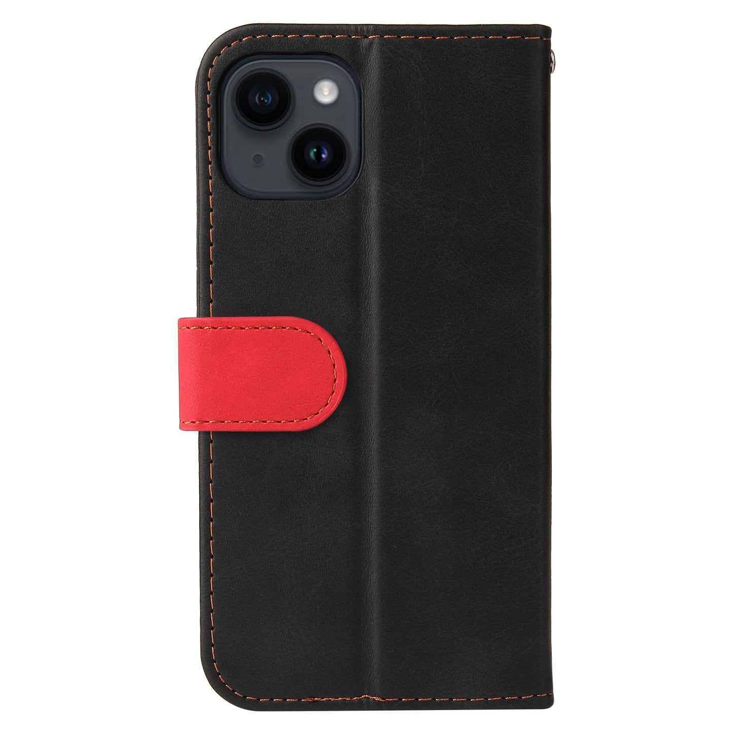 Phone Wallet Cover for iPhone 15 Business Style PU Leather Dual-color Splicing Flip Stand Anti-drop Case - Red