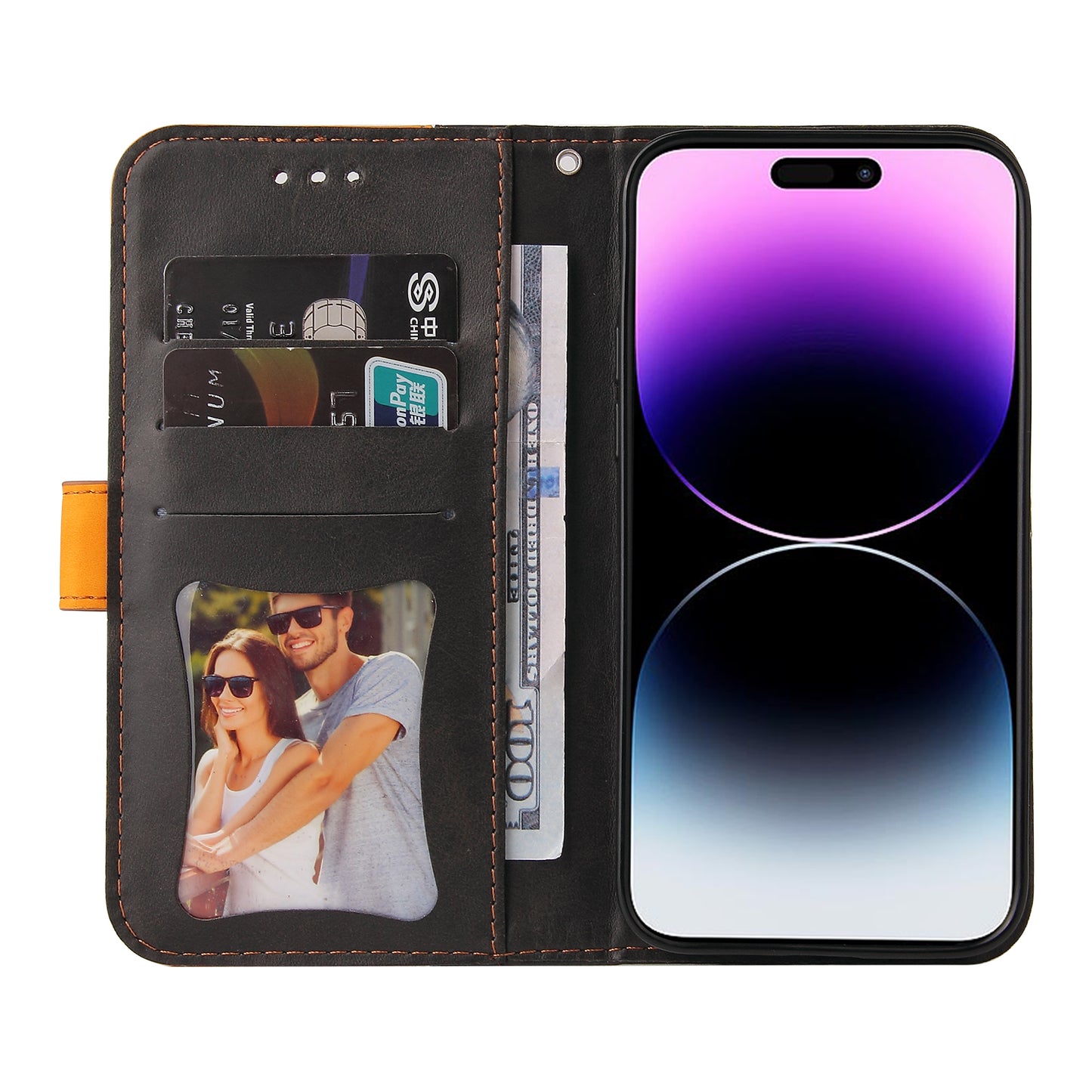 Stand Wallet Shell for iPhone 15 Ultra Business Style Phone Case Dual-color Splicing PU Leather Cover - Orange