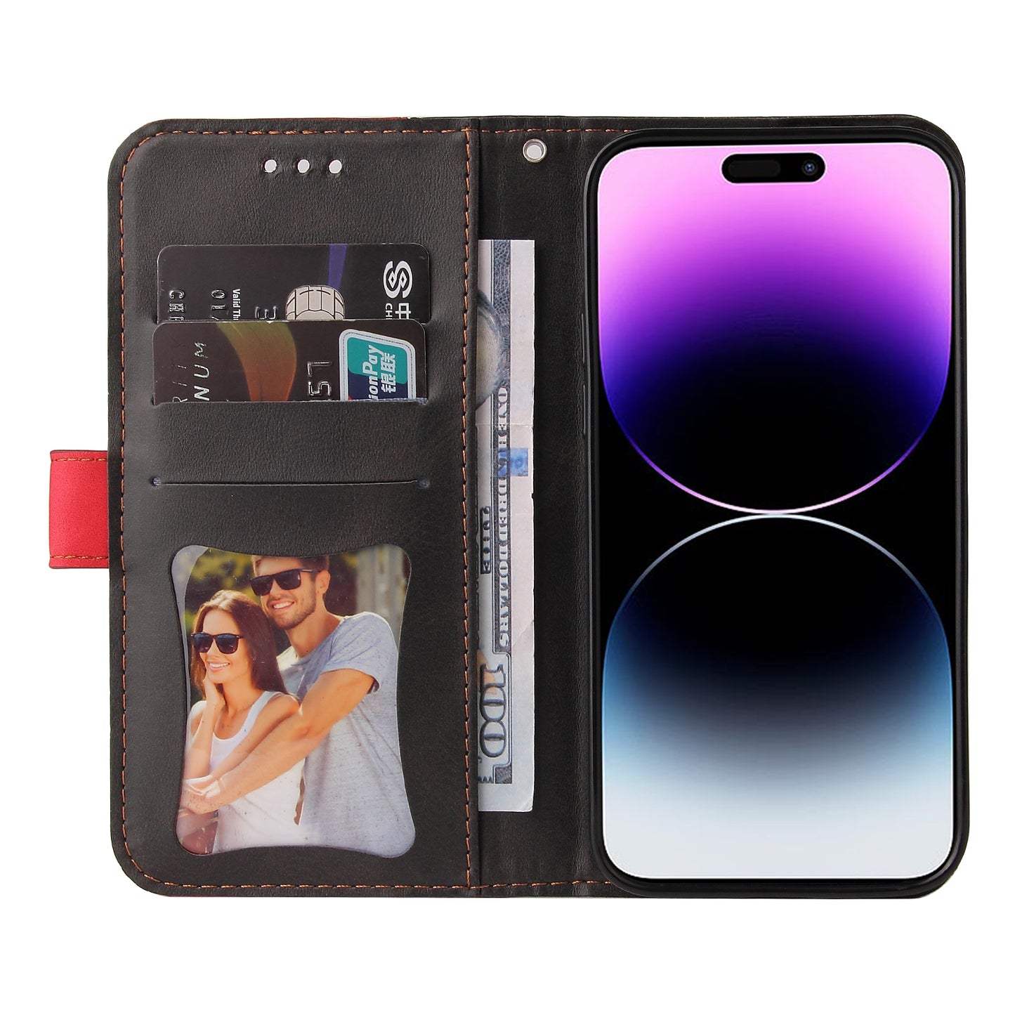 Stand Wallet Shell for iPhone 15 Ultra Business Style Phone Case Dual-color Splicing PU Leather Cover - Red