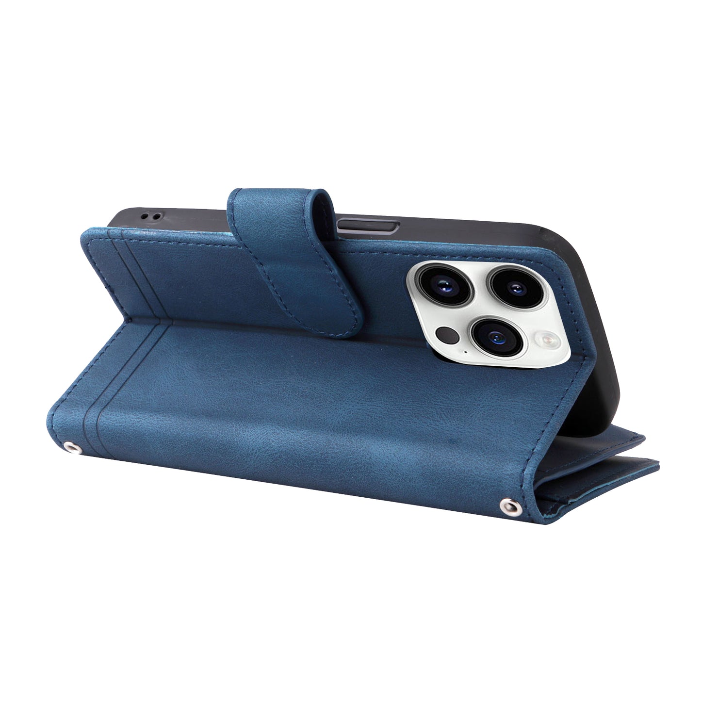 Uniqkart for iPhone 15 Ultra Zipper Pocket Phone Case Imprinted Skin-touch Wallet Stand PU Leather Cover with Multiple Card Slots - Blue