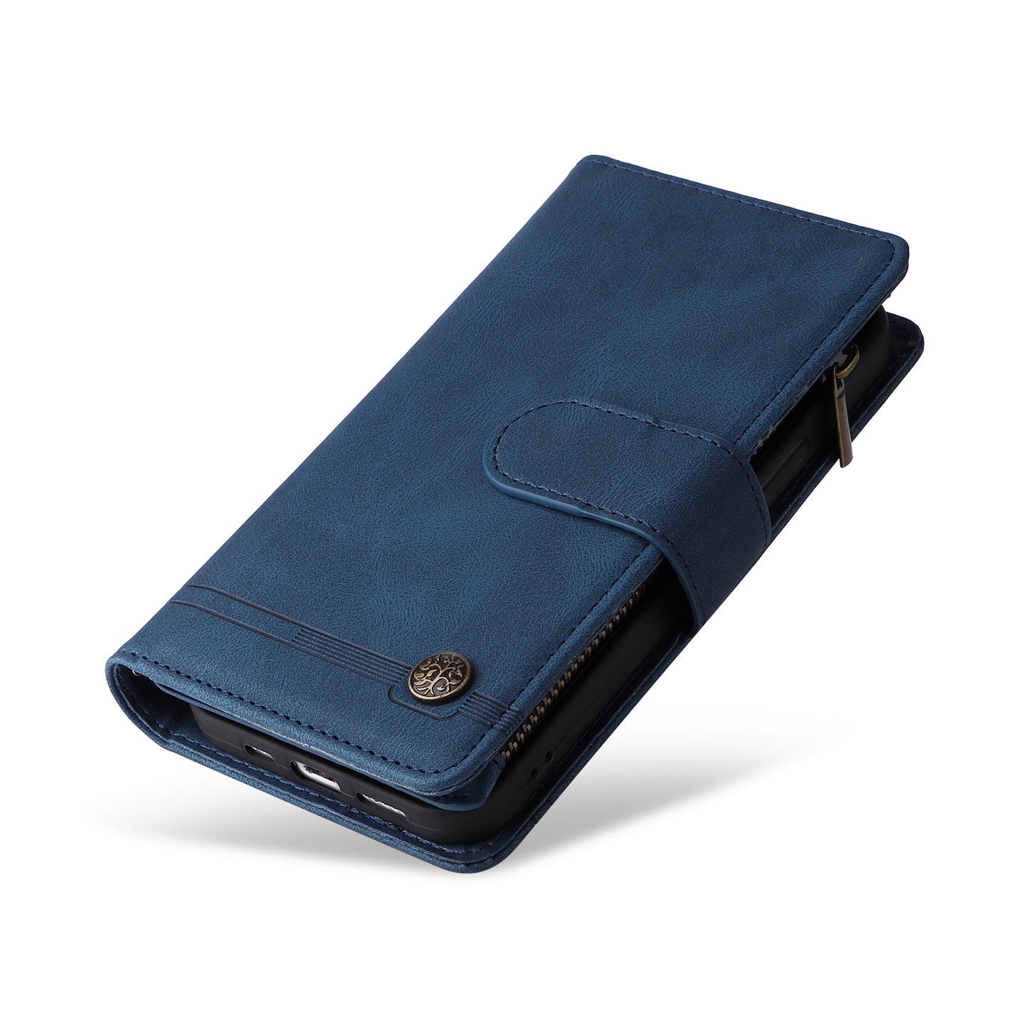 Uniqkart for iPhone 15 Ultra Zipper Pocket Phone Case Imprinted Skin-touch Wallet Stand PU Leather Cover with Multiple Card Slots - Blue