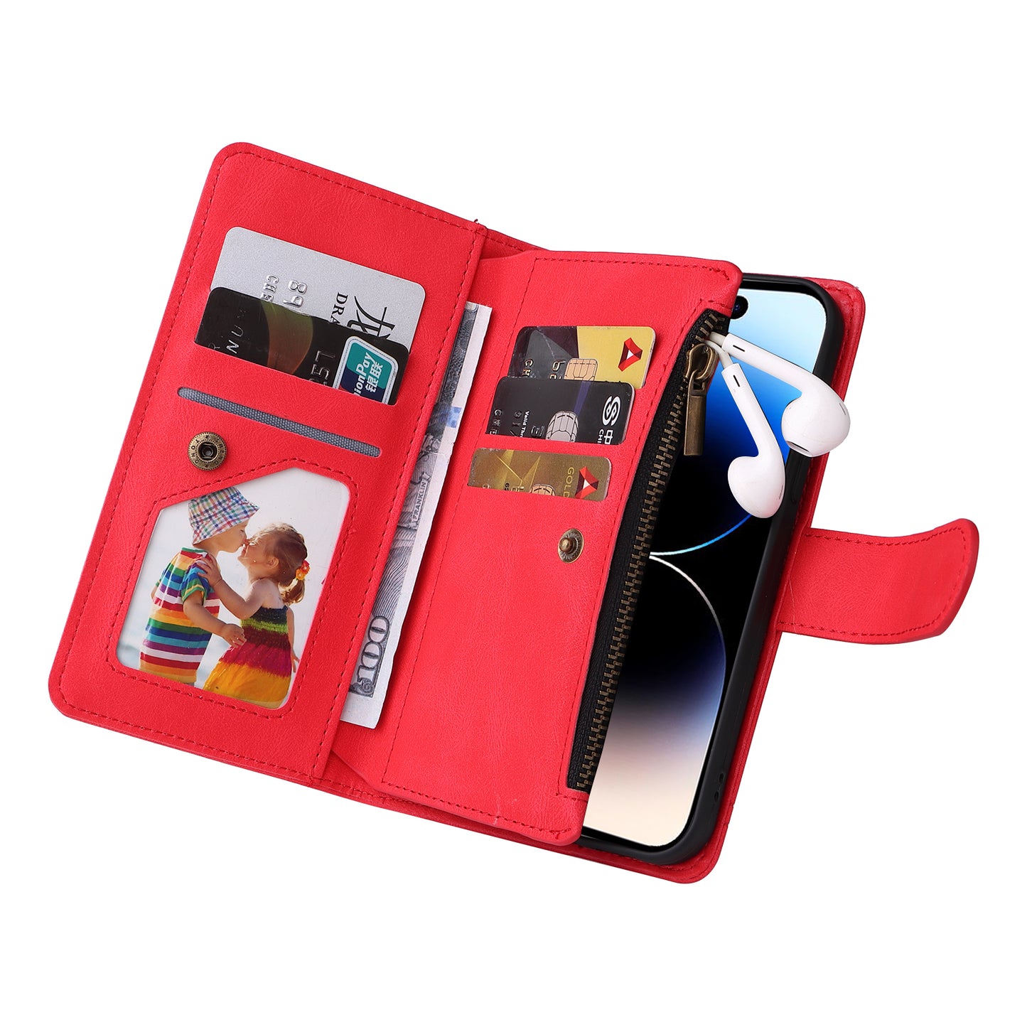Uniqkart for iPhone 15 Ultra Zipper Pocket Phone Case Imprinted Skin-touch Wallet Stand PU Leather Cover with Multiple Card Slots - Red