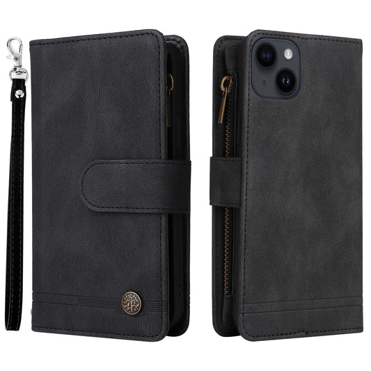 Skin-touch Phone Case for iPhone 15 Zipper Pocket Imprinted Wallet Stand Multiple Card Slots PU Leather Cover - Black