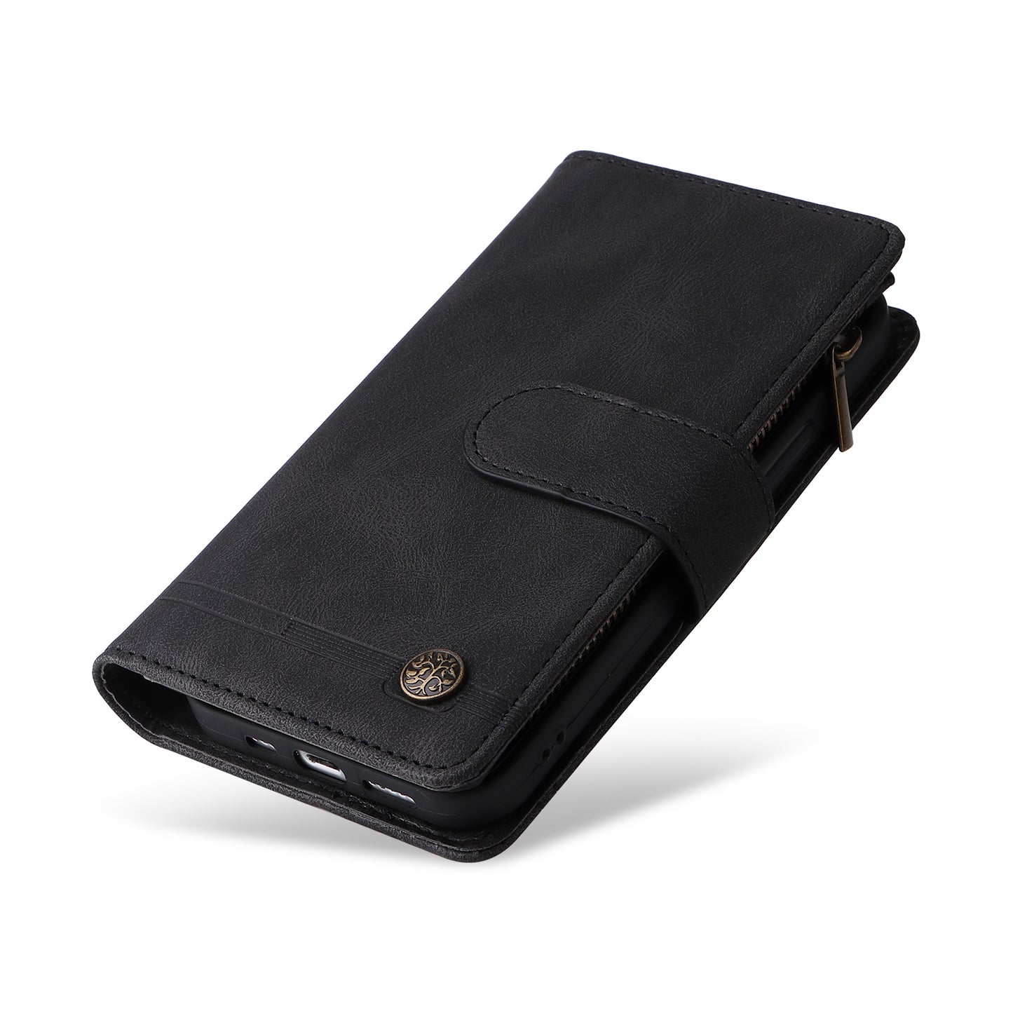 Skin-touch Phone Case for iPhone 15 Zipper Pocket Imprinted Wallet Stand Multiple Card Slots PU Leather Cover - Black