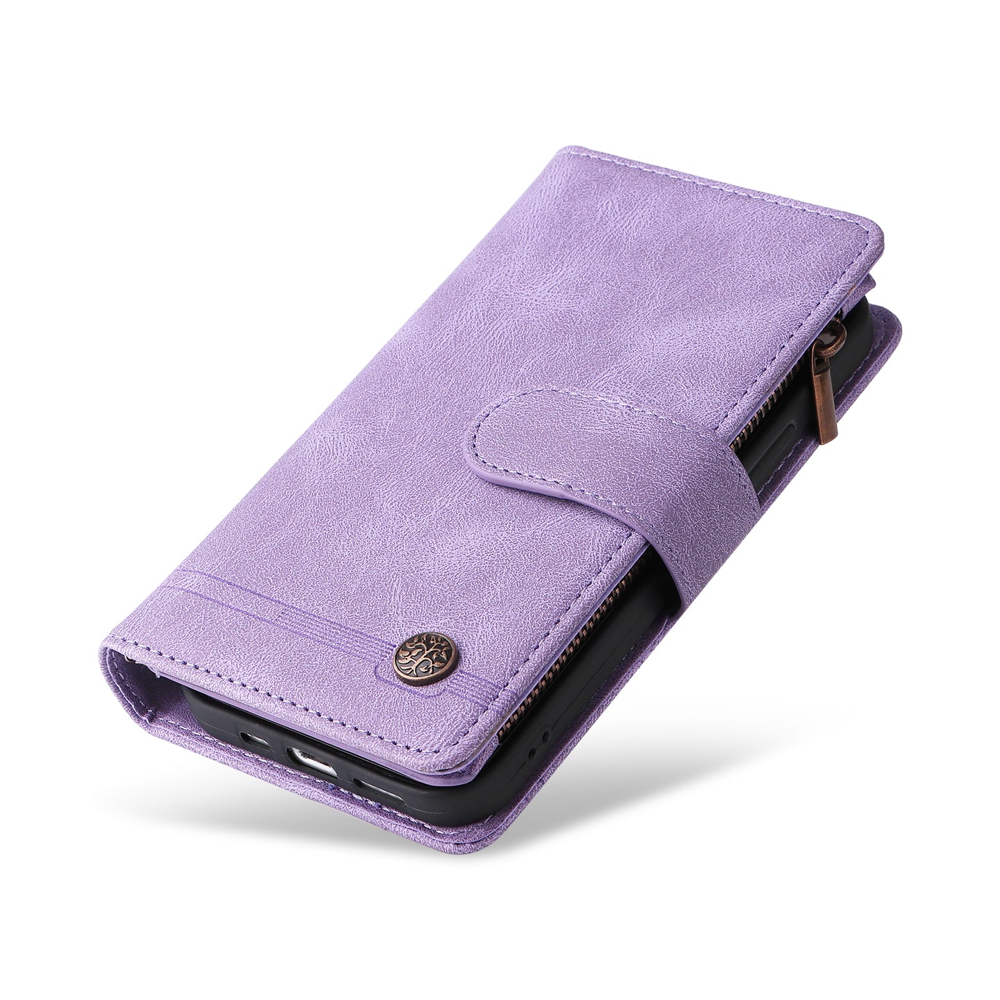 Skin-touch Phone Case for iPhone 15 Zipper Pocket Imprinted Wallet Stand Multiple Card Slots PU Leather Cover - Purple