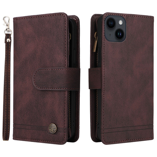 Skin-touch Phone Case for iPhone 15 Zipper Pocket Imprinted Wallet Stand Multiple Card Slots PU Leather Cover - Brown