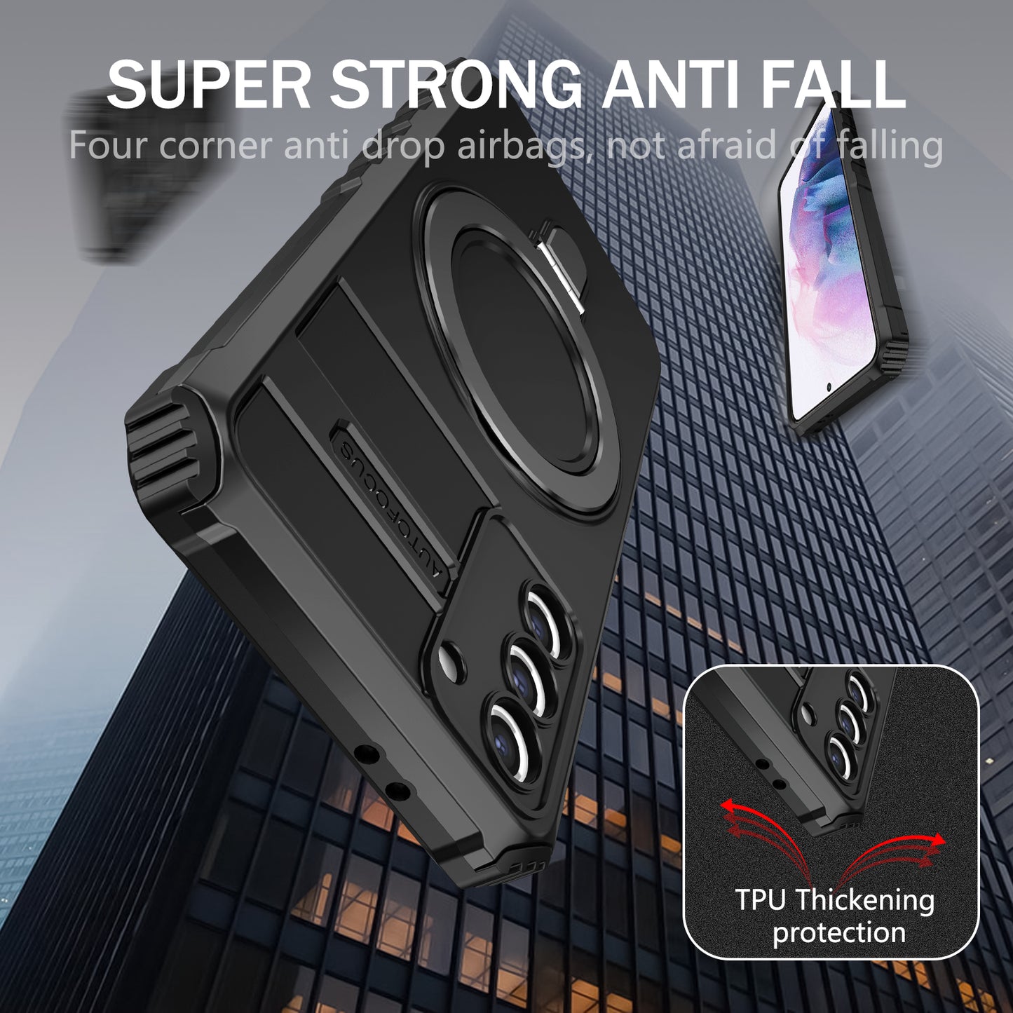 Uniqkart for Samsung Galaxy S21+ 5G Magnetic Metal Ring Cell Phone Case PC+TPU Phone Shell Kickstand Cover - Black