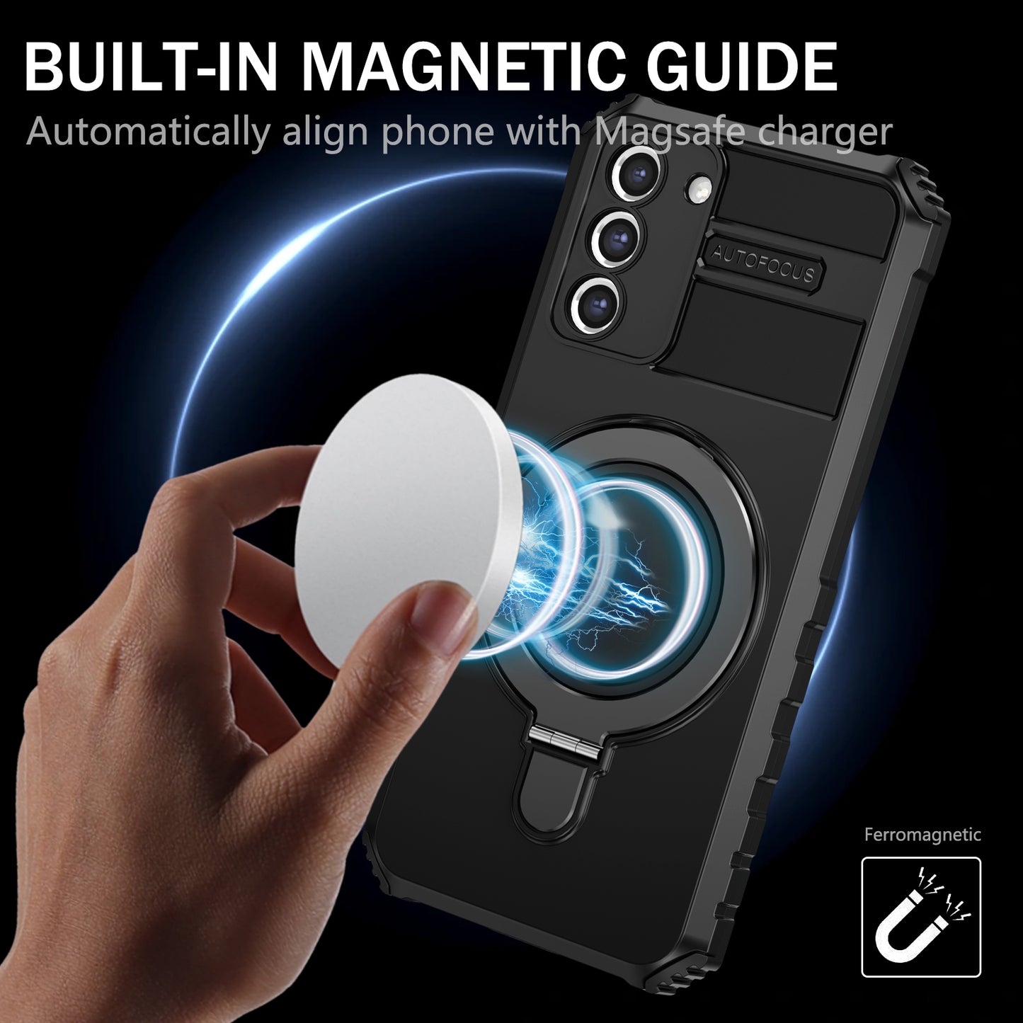 Uniqkart for Samsung Galaxy S21+ 5G Magnetic Metal Ring Cell Phone Case PC+TPU Phone Shell Kickstand Cover - Black