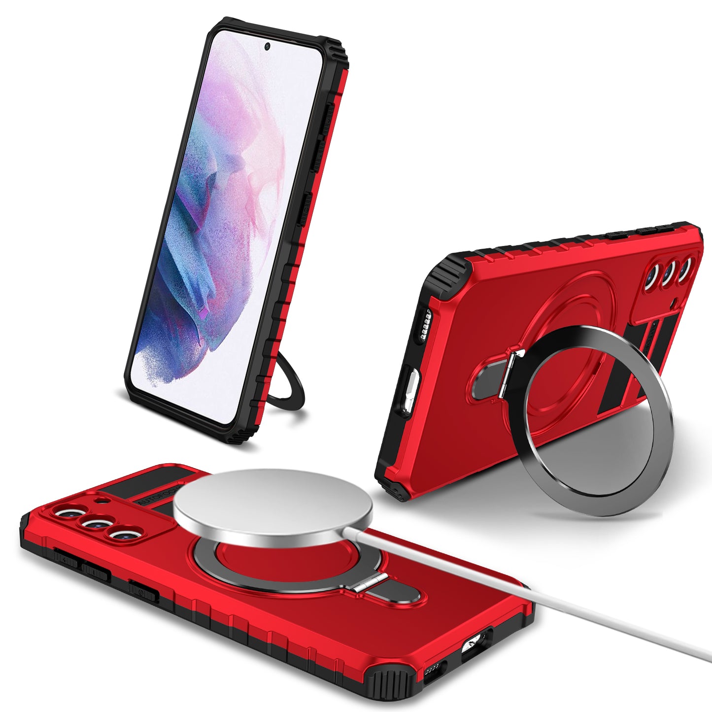 Uniqkart for Samsung Galaxy S21+ 5G Magnetic Metal Ring Cell Phone Case PC+TPU Phone Shell Kickstand Cover - Red