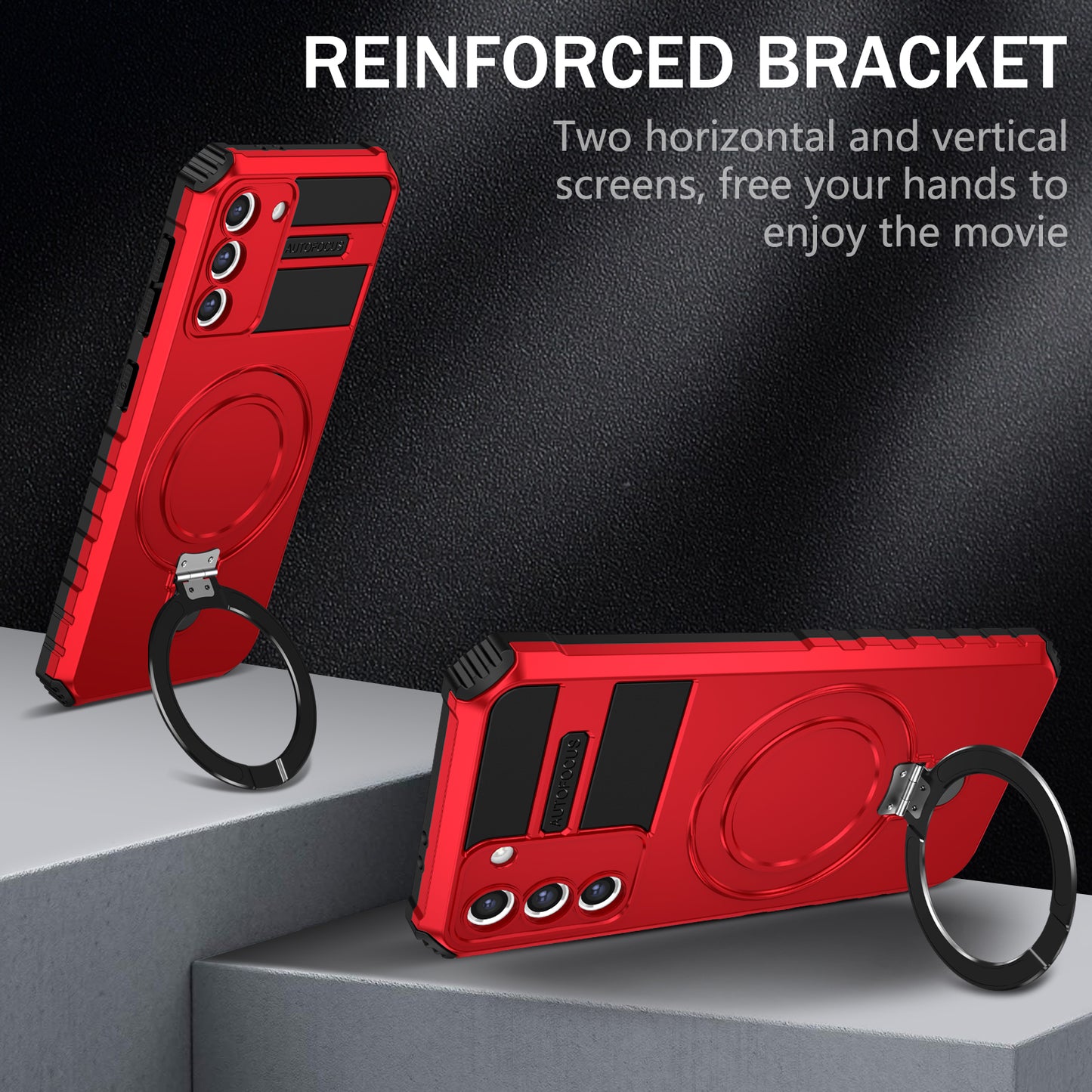 Uniqkart for Samsung Galaxy S21+ 5G Magnetic Metal Ring Cell Phone Case PC+TPU Phone Shell Kickstand Cover - Red