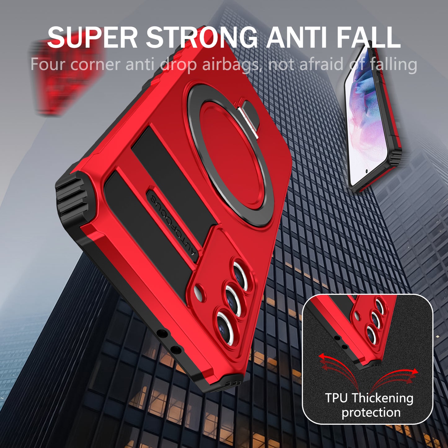Uniqkart for Samsung Galaxy S21+ 5G Magnetic Metal Ring Cell Phone Case PC+TPU Phone Shell Kickstand Cover - Red