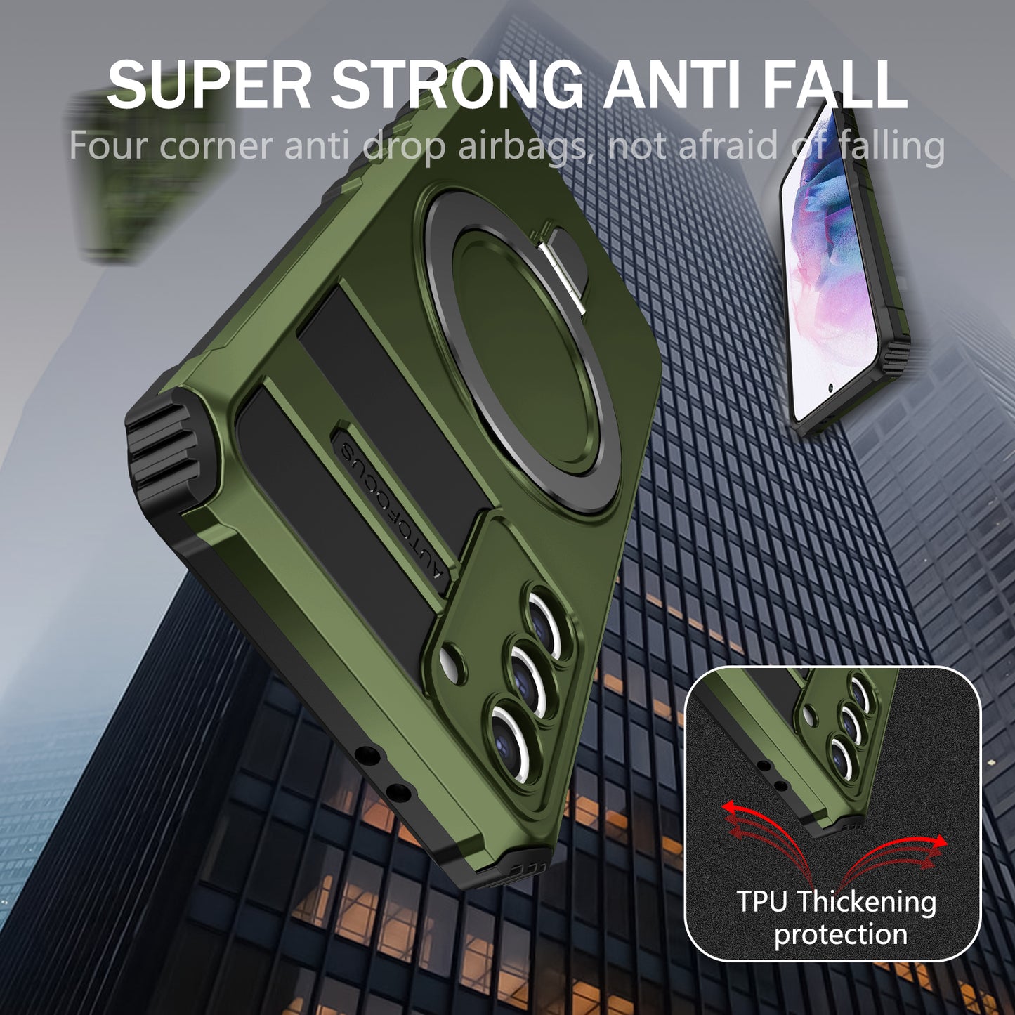 Uniqkart for Samsung Galaxy S21+ 5G Magnetic Metal Ring Cell Phone Case PC+TPU Phone Shell Kickstand Cover - Green