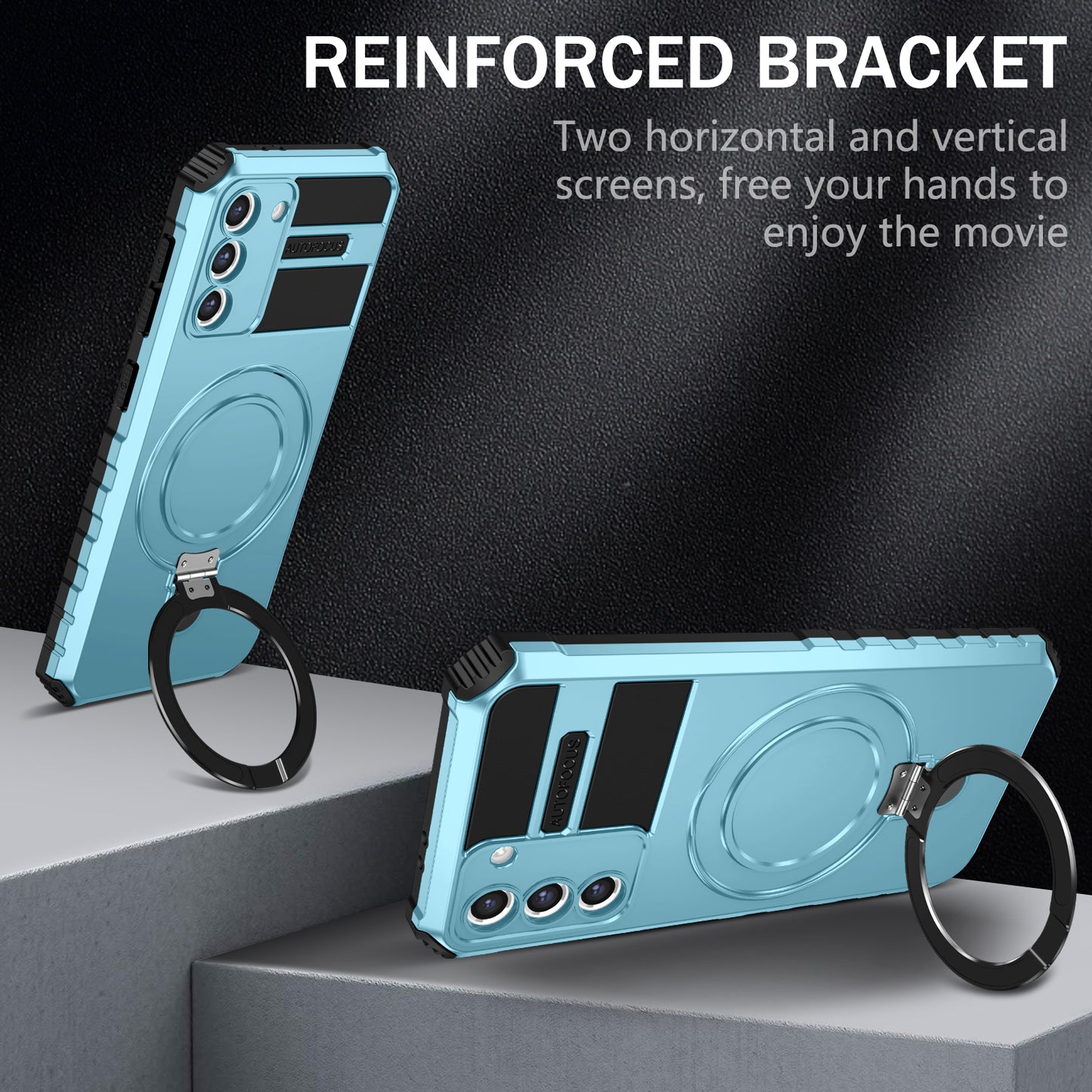 Uniqkart for Samsung Galaxy S21+ 5G Magnetic Metal Ring Cell Phone Case PC+TPU Phone Shell Kickstand Cover - Baby Blue