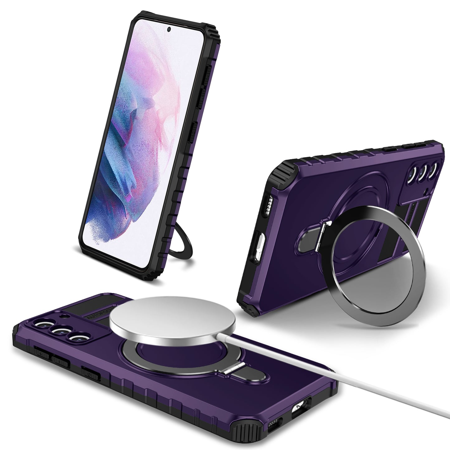 Uniqkart for Samsung Galaxy S21+ 5G Magnetic Metal Ring Cell Phone Case PC+TPU Phone Shell Kickstand Cover - Purple