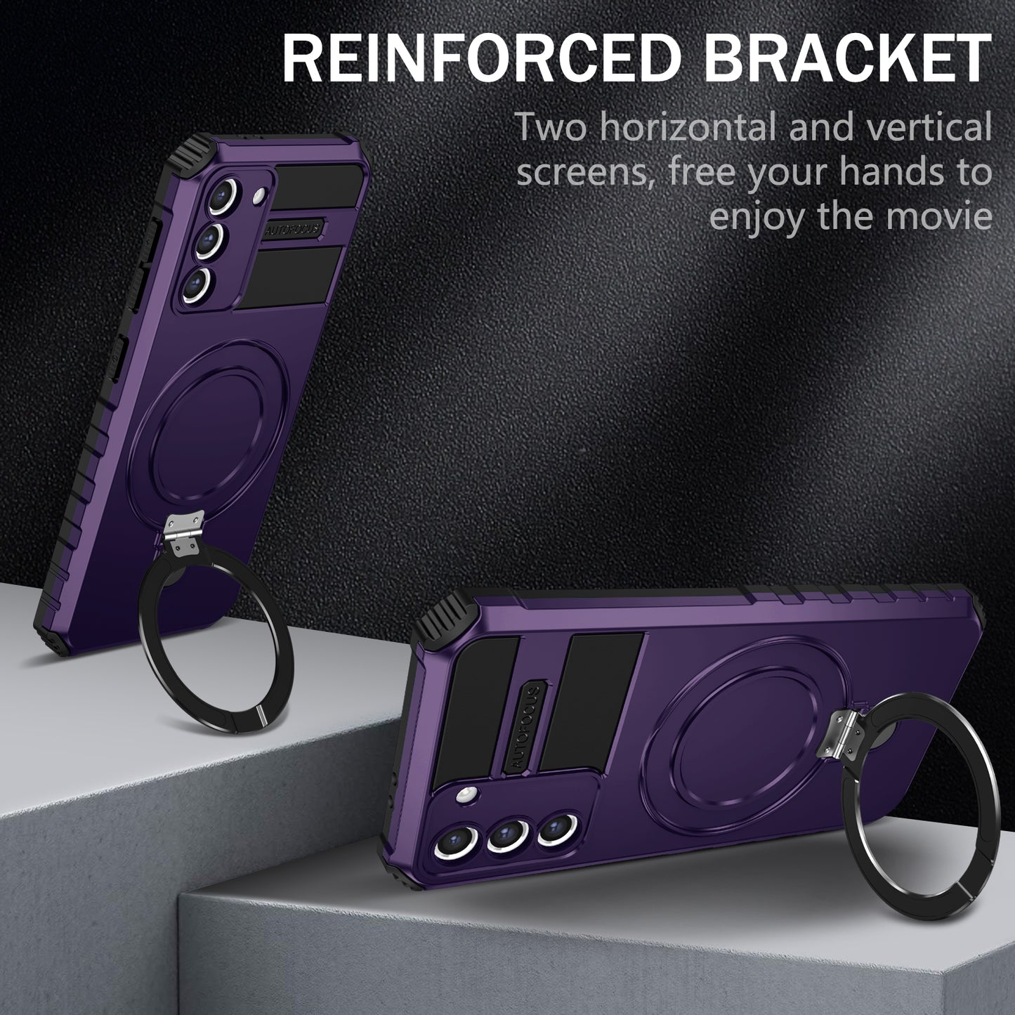 Uniqkart for Samsung Galaxy S21+ 5G Magnetic Metal Ring Cell Phone Case PC+TPU Phone Shell Kickstand Cover - Purple