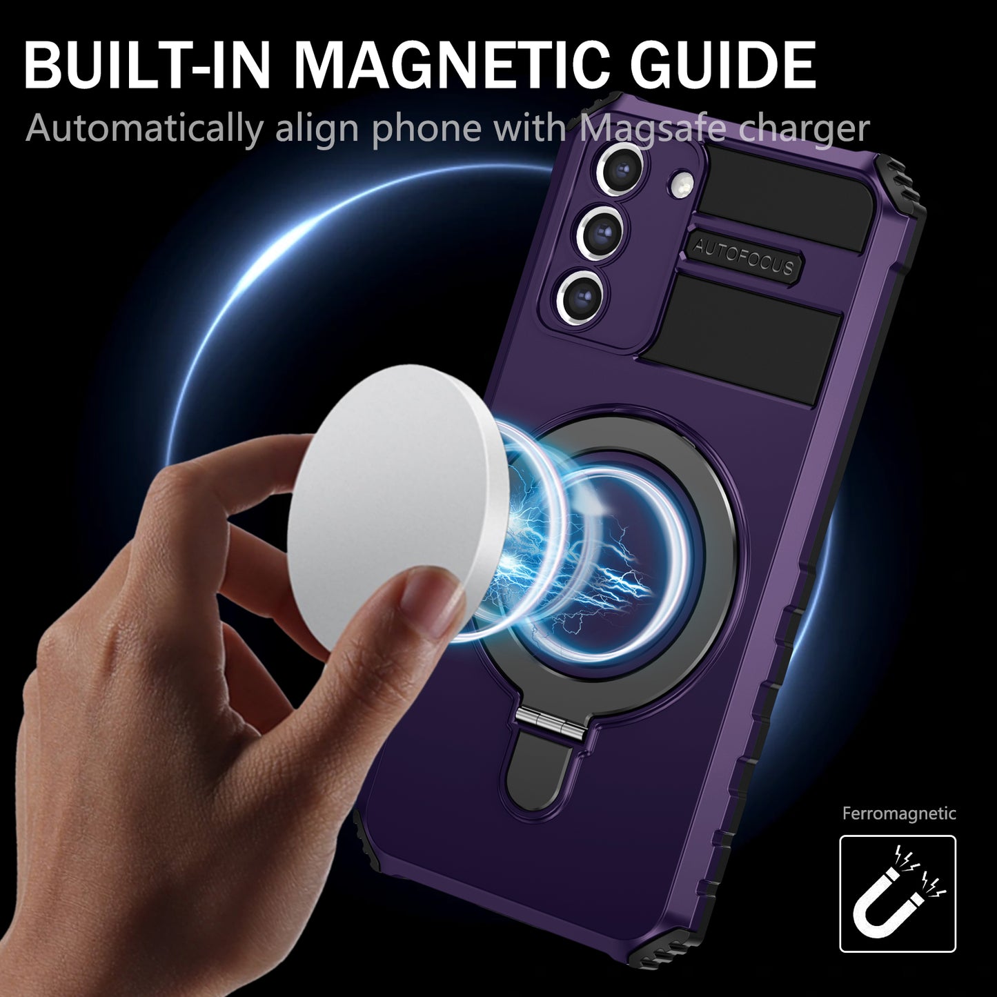 Uniqkart for Samsung Galaxy S21+ 5G Magnetic Metal Ring Cell Phone Case PC+TPU Phone Shell Kickstand Cover - Purple