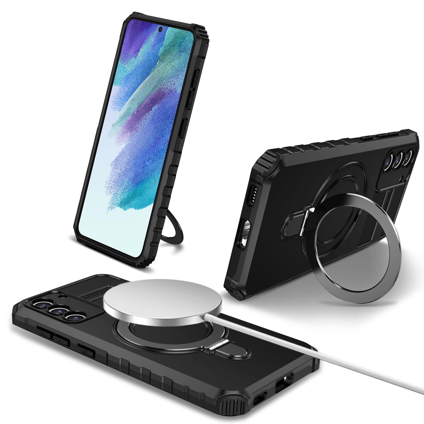 Uniqkart for Samsung Galaxy S21 FE 5G Cell Phone Case PC+TPU Magnetic Metal Ring Kickstand Cover - Black