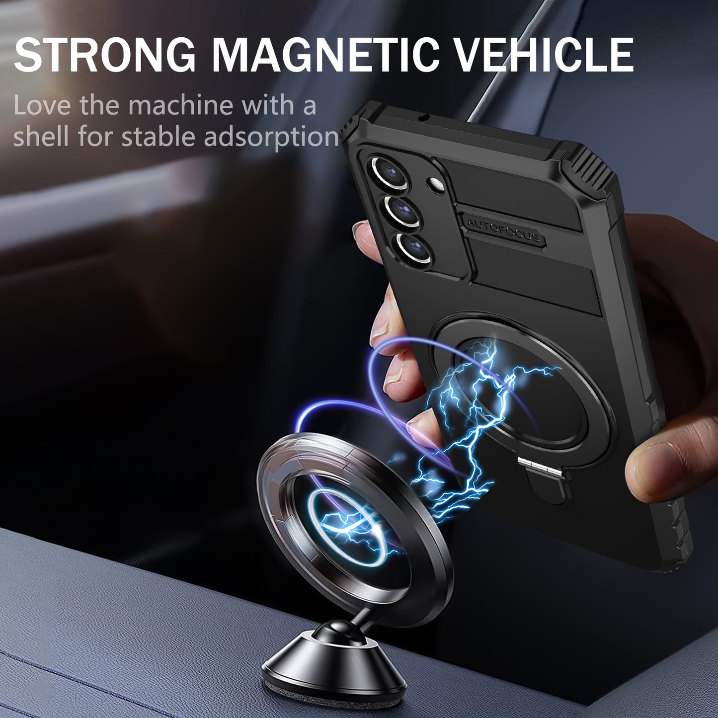 Uniqkart for Samsung Galaxy S21 FE 5G Cell Phone Case PC+TPU Magnetic Metal Ring Kickstand Cover - Black
