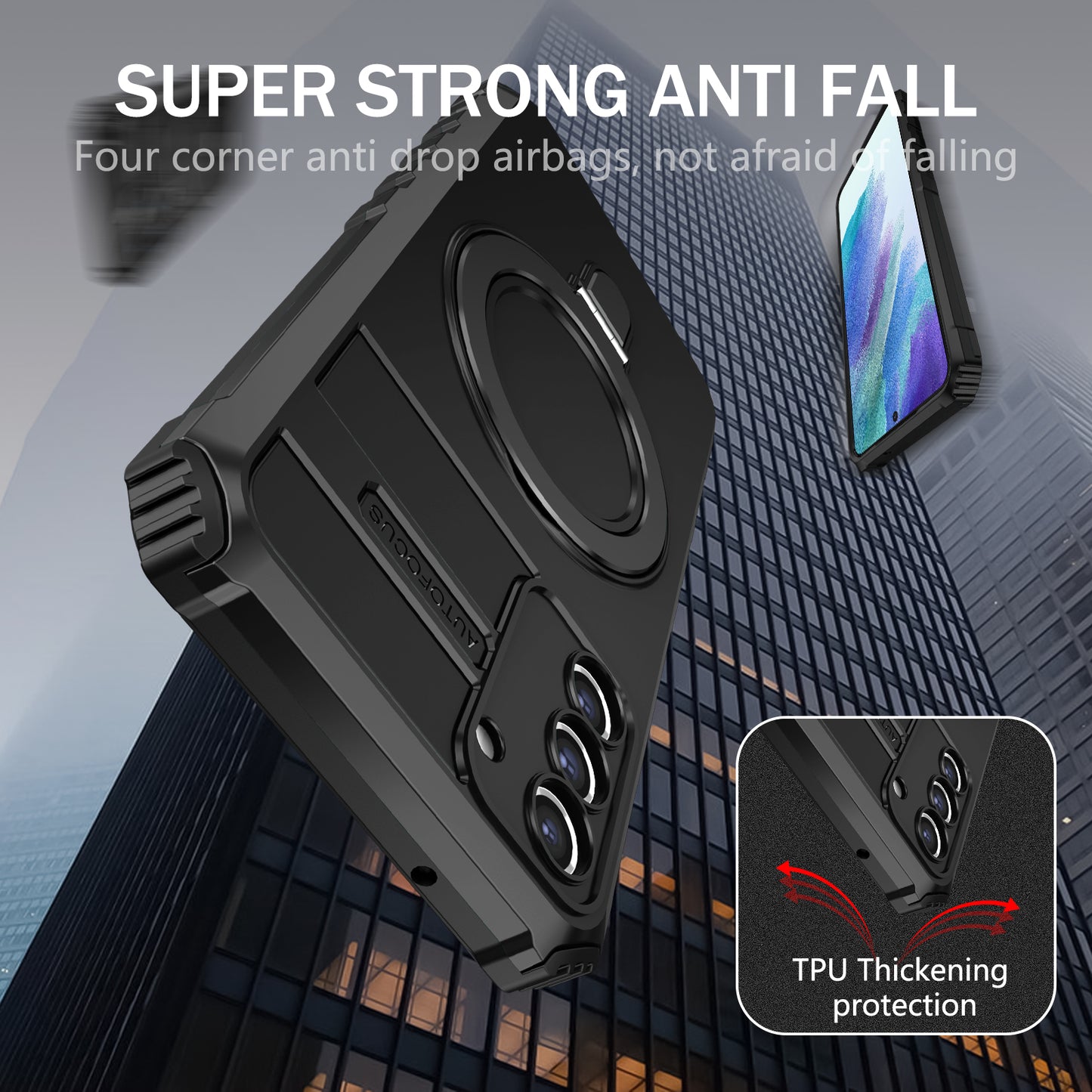 Uniqkart for Samsung Galaxy S21 FE 5G Cell Phone Case PC+TPU Magnetic Metal Ring Kickstand Cover - Black