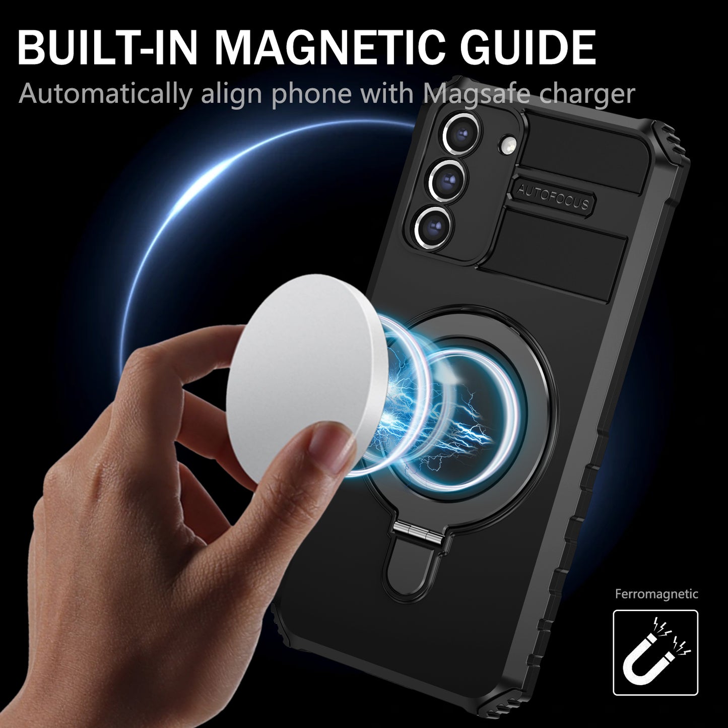 Uniqkart for Samsung Galaxy S21 FE 5G Cell Phone Case PC+TPU Magnetic Metal Ring Kickstand Cover - Black