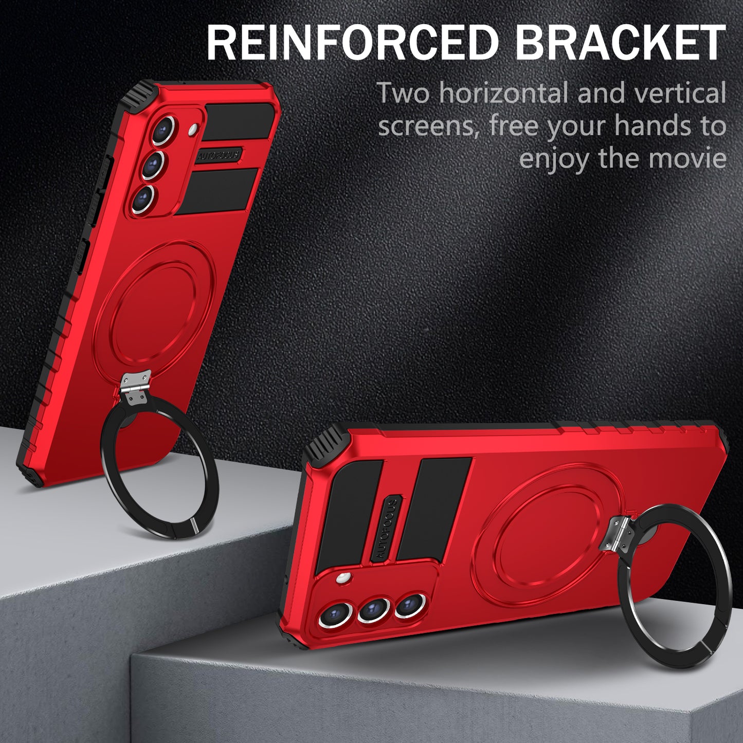 Uniqkart for Samsung Galaxy S21 FE 5G Cell Phone Case PC+TPU Magnetic Metal Ring Kickstand Cover - Red