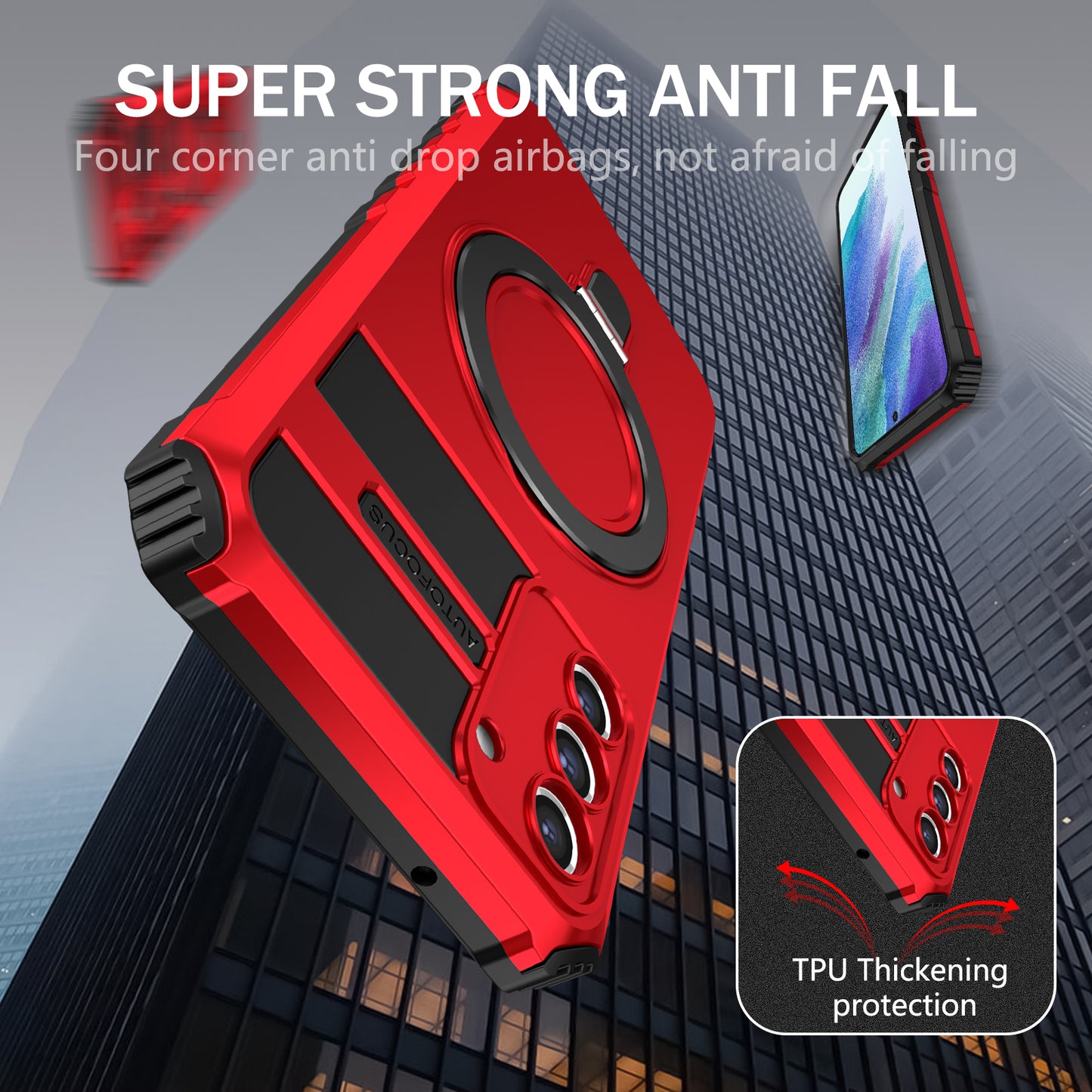 Uniqkart for Samsung Galaxy S21 FE 5G Cell Phone Case PC+TPU Magnetic Metal Ring Kickstand Cover - Red