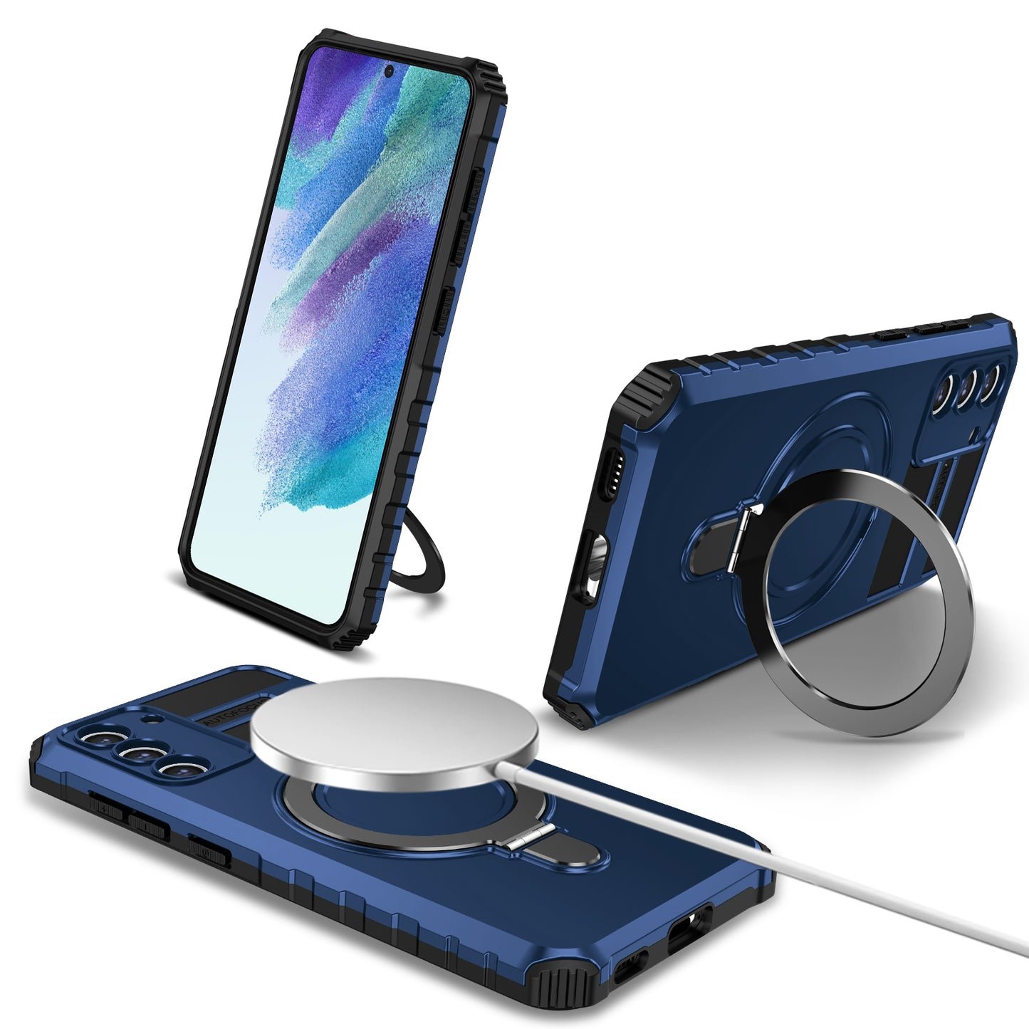 Uniqkart for Samsung Galaxy S21 FE 5G Cell Phone Case PC+TPU Magnetic Metal Ring Kickstand Cover - Blue
