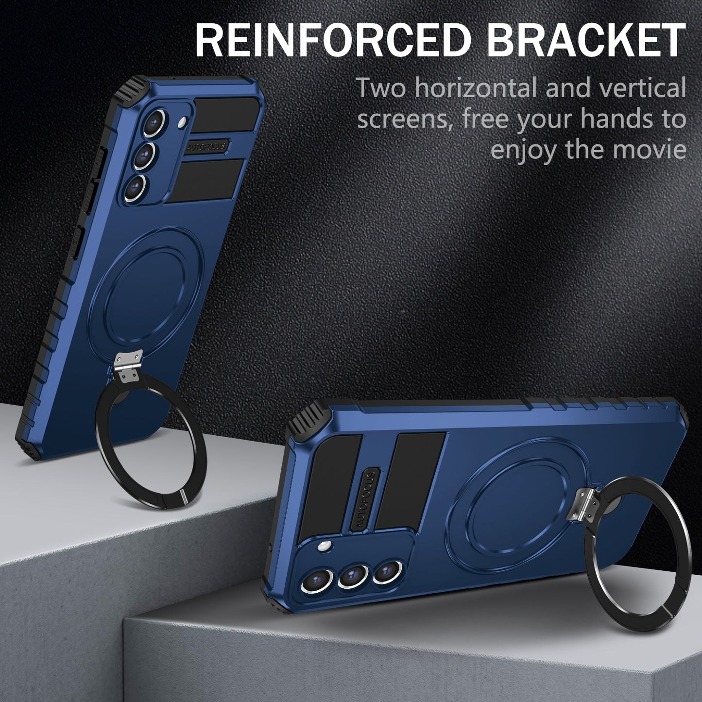 Uniqkart for Samsung Galaxy S21 FE 5G Cell Phone Case PC+TPU Magnetic Metal Ring Kickstand Cover - Blue