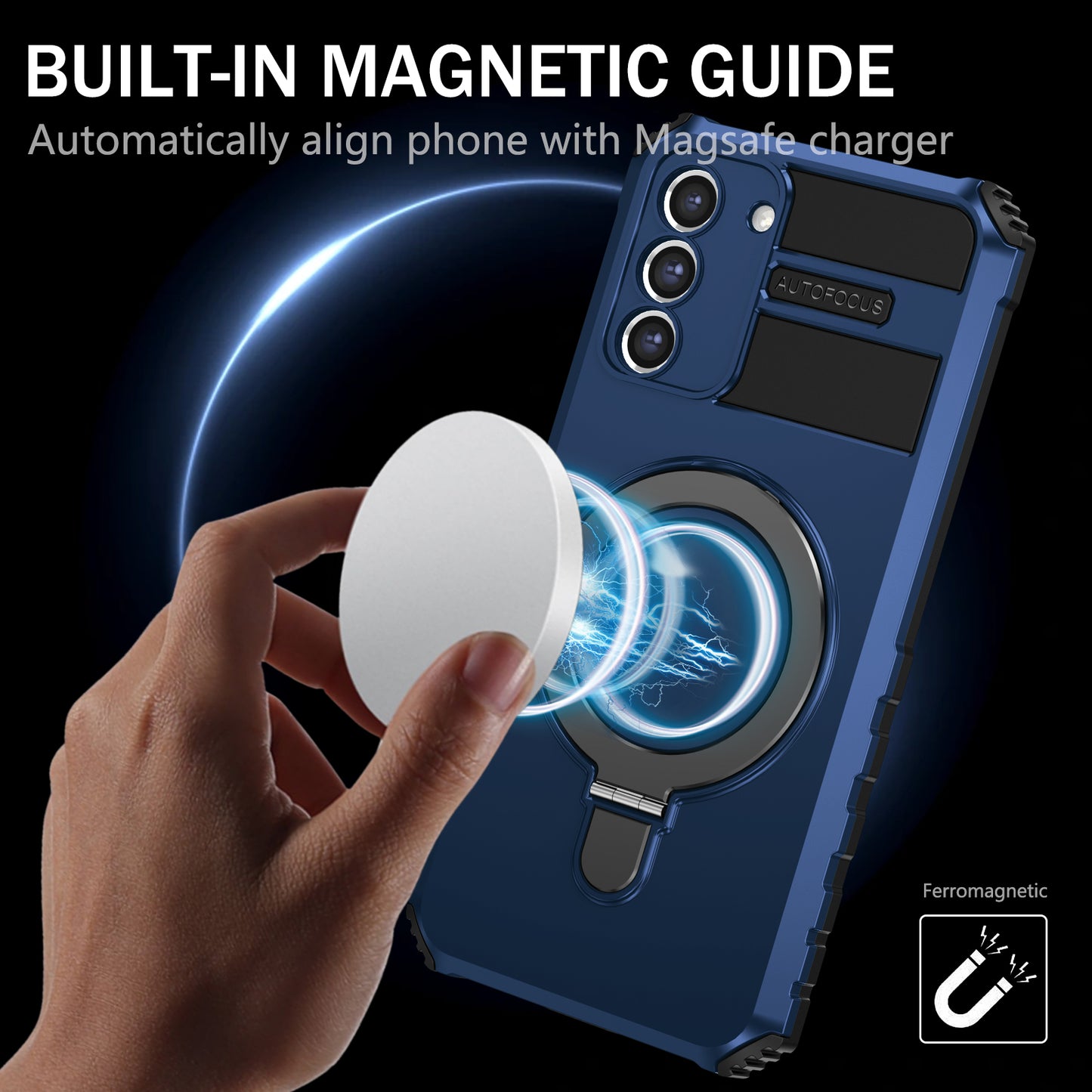 Uniqkart for Samsung Galaxy S21 FE 5G Cell Phone Case PC+TPU Magnetic Metal Ring Kickstand Cover - Blue