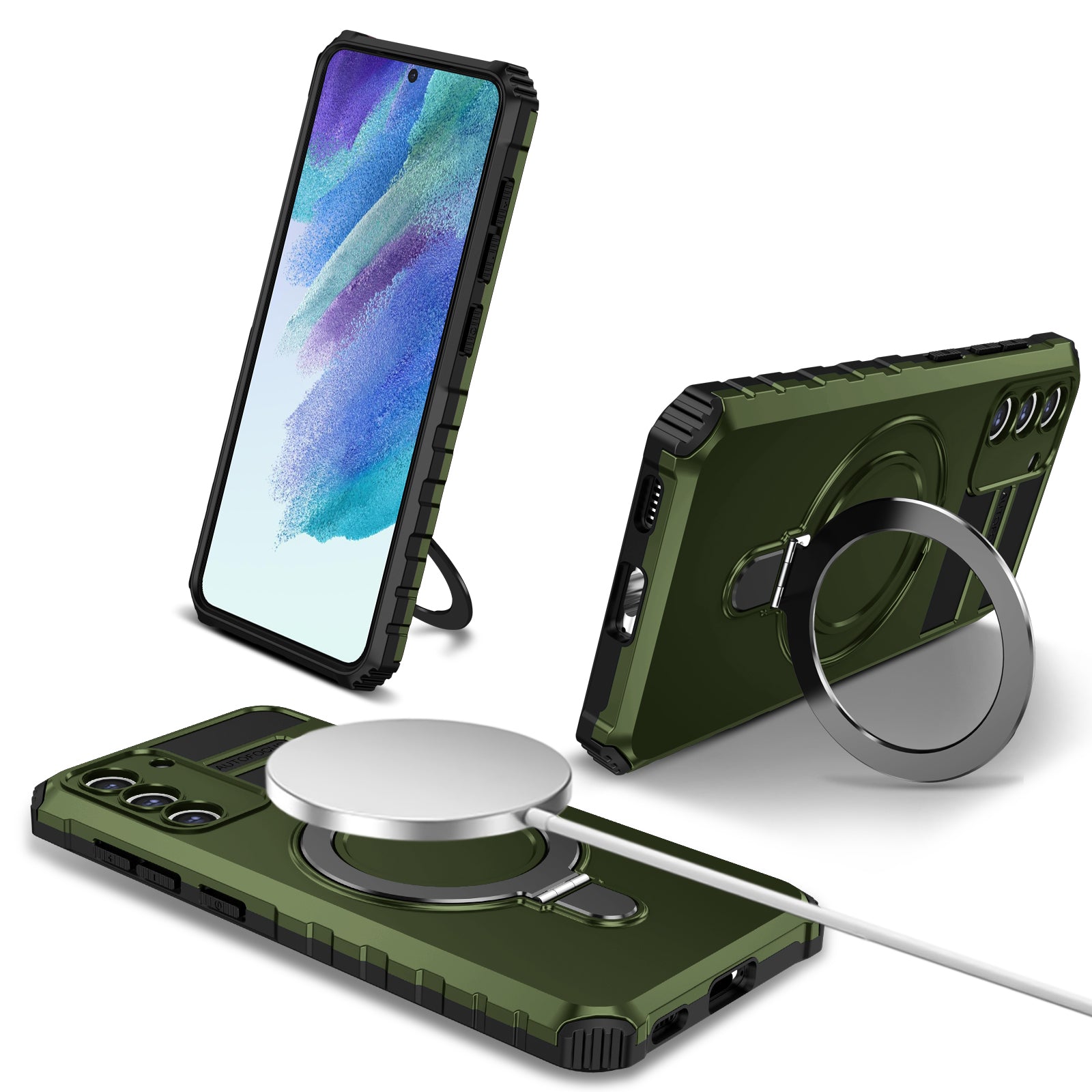 Uniqkart for Samsung Galaxy S21 FE 5G Cell Phone Case PC+TPU Magnetic Metal Ring Kickstand Cover - Green