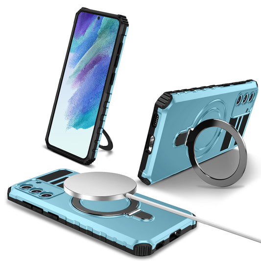 Uniqkart for Samsung Galaxy S21 FE 5G Cell Phone Case PC+TPU Magnetic Metal Ring Kickstand Cover - Baby Blue