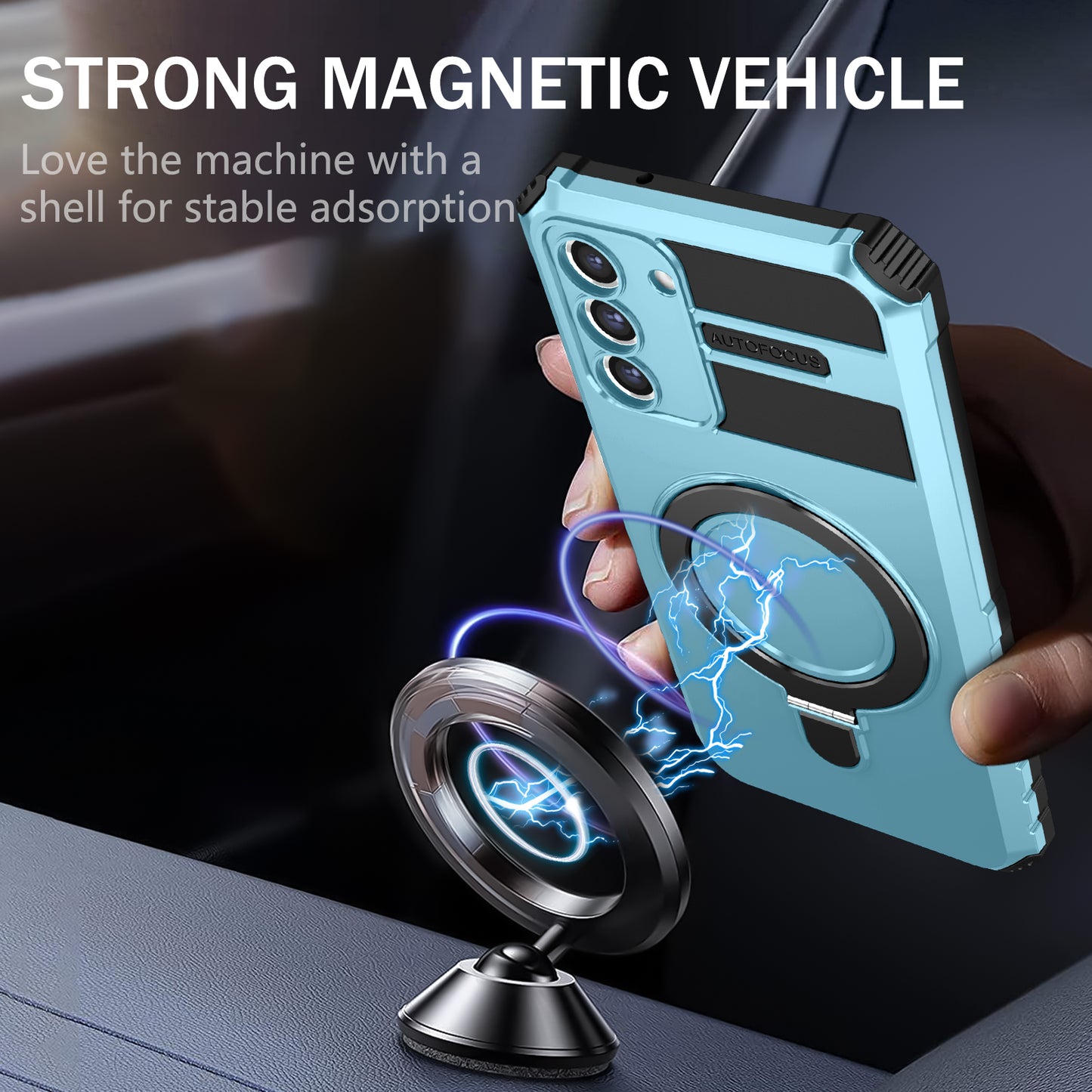 Uniqkart for Samsung Galaxy S21 FE 5G Cell Phone Case PC+TPU Magnetic Metal Ring Kickstand Cover - Baby Blue