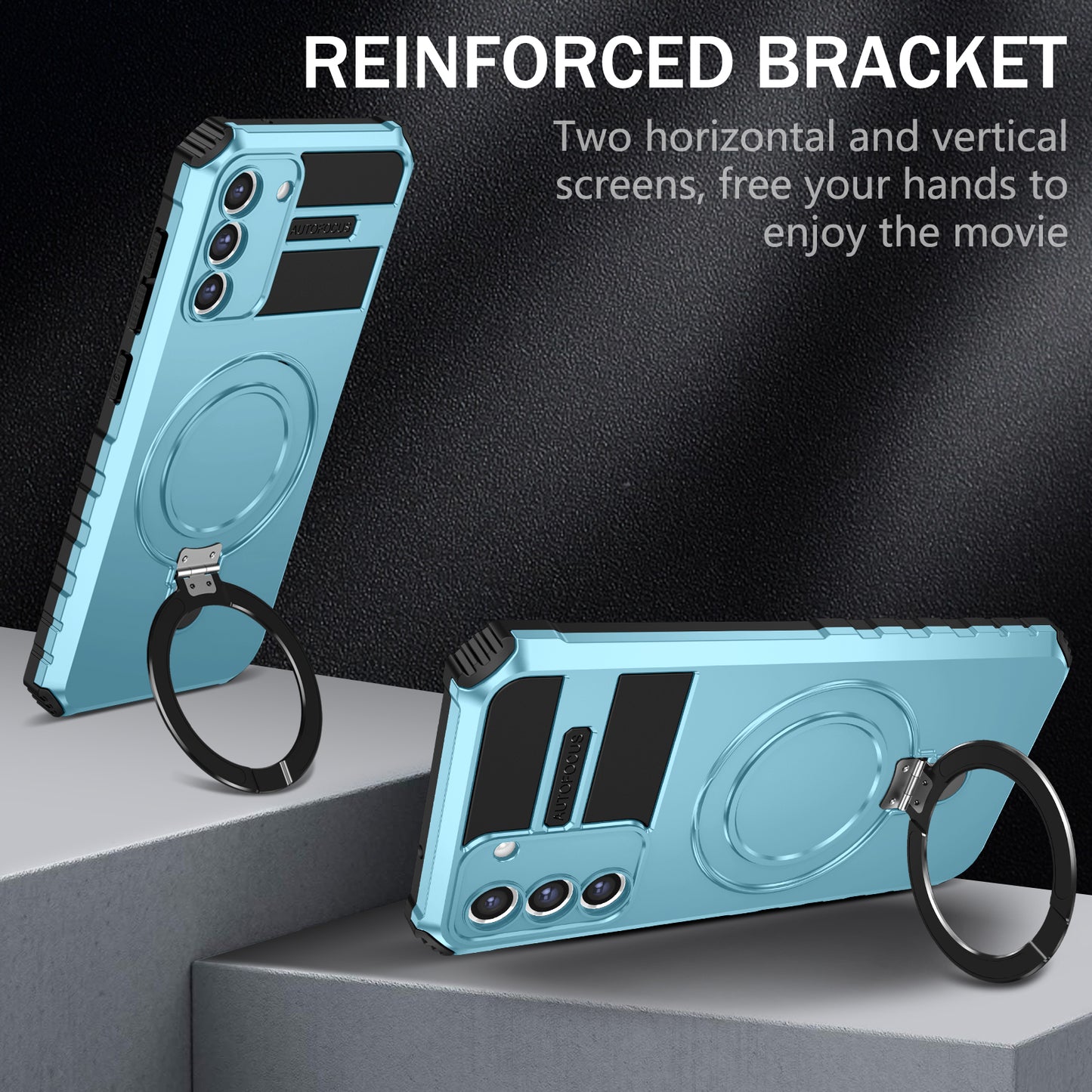 Uniqkart for Samsung Galaxy S21 FE 5G Cell Phone Case PC+TPU Magnetic Metal Ring Kickstand Cover - Baby Blue