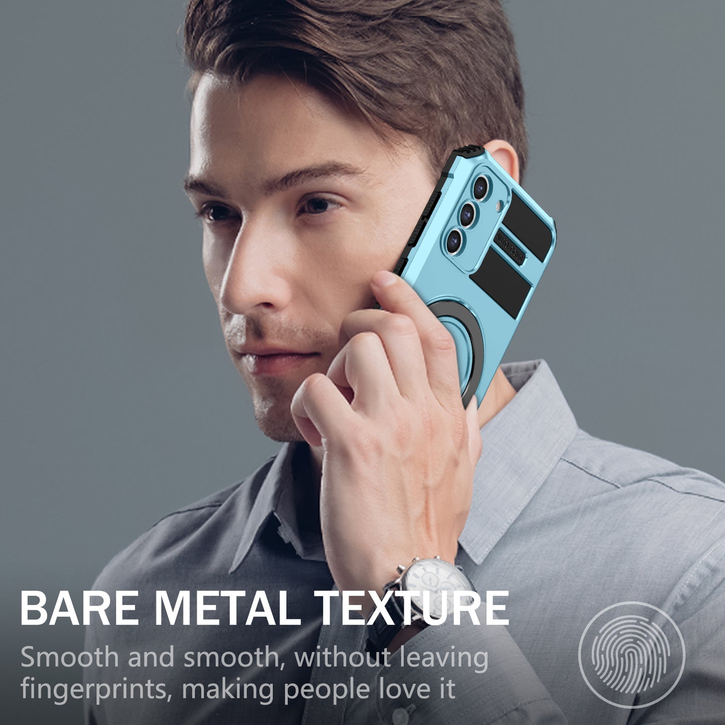 Uniqkart for Samsung Galaxy S21 FE 5G Cell Phone Case PC+TPU Magnetic Metal Ring Kickstand Cover - Baby Blue