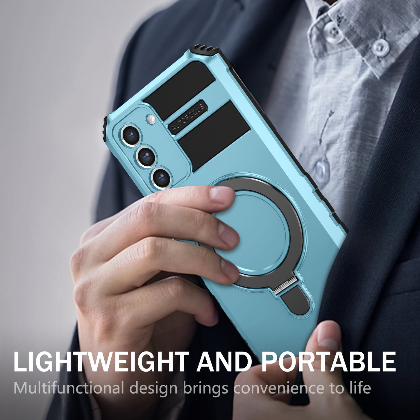 Uniqkart for Samsung Galaxy S21 FE 5G Cell Phone Case PC+TPU Magnetic Metal Ring Kickstand Cover - Baby Blue
