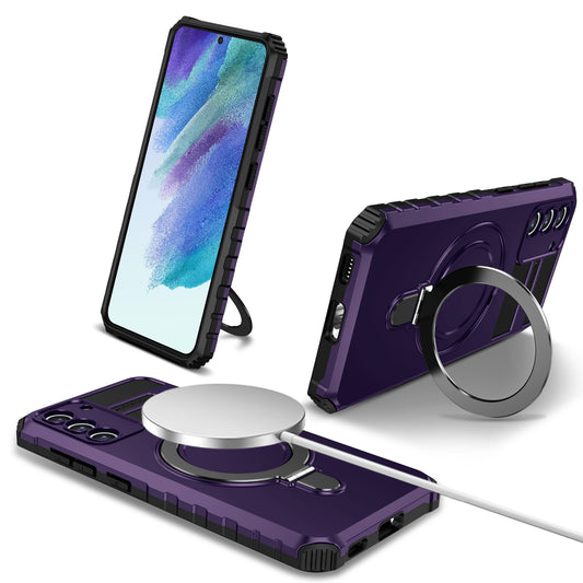 Uniqkart for Samsung Galaxy S21 FE 5G Cell Phone Case PC+TPU Magnetic Metal Ring Kickstand Cover - Purple