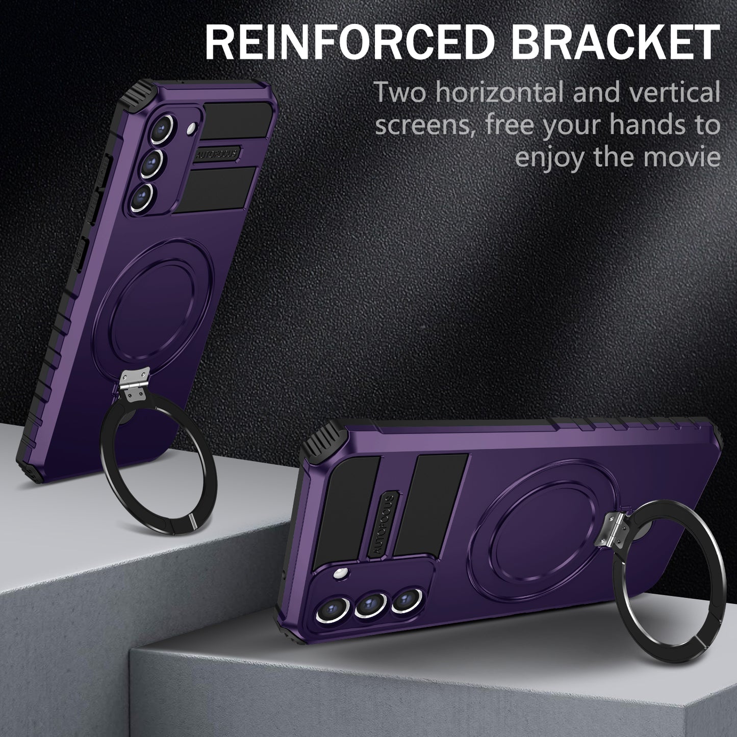 Uniqkart for Samsung Galaxy S21 FE 5G Cell Phone Case PC+TPU Magnetic Metal Ring Kickstand Cover - Purple