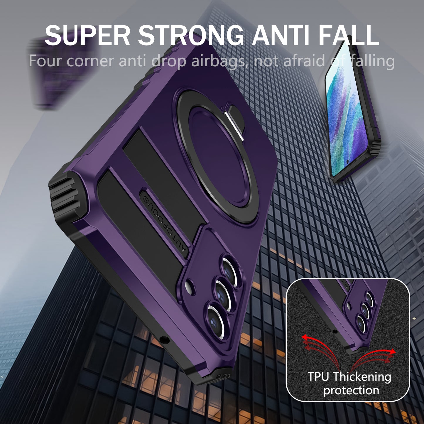 Uniqkart for Samsung Galaxy S21 FE 5G Cell Phone Case PC+TPU Magnetic Metal Ring Kickstand Cover - Purple