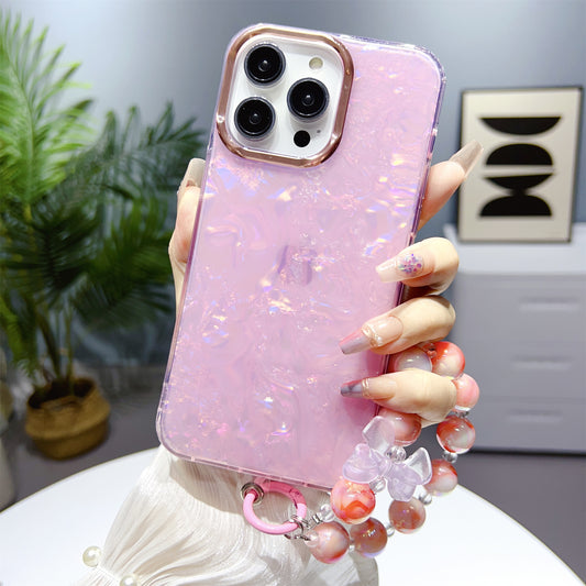 for iPhone 12 / 12 Pro 6.1 inch Shell Pattern Case TPU+PC IMD Phone Cover with Pearl Hand Chain - Light Pink